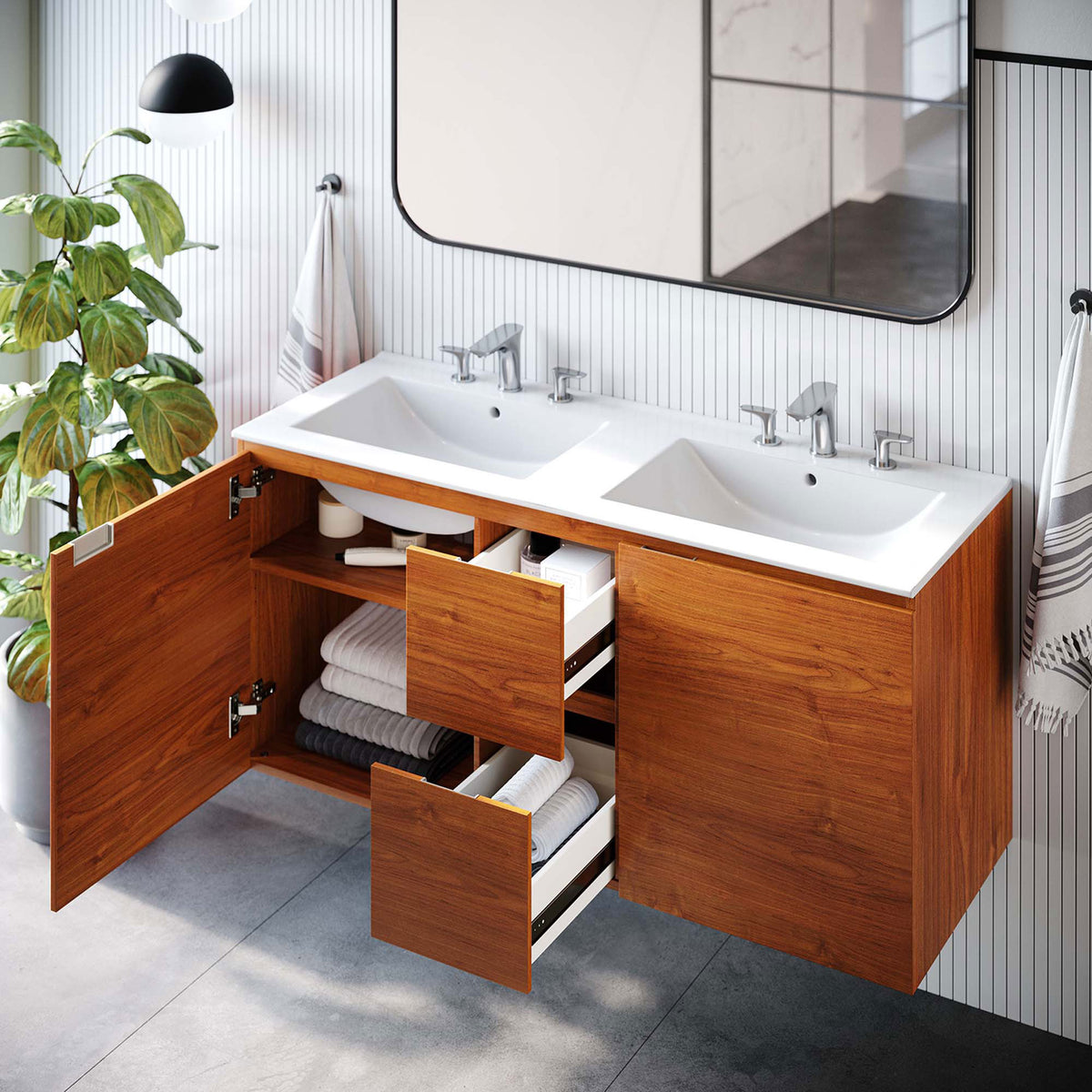 Floating wall-mounted design with open shelves and drawers keeps bath essentials within easy reach. || EEI-5815-CHE-WHI || front_open_room