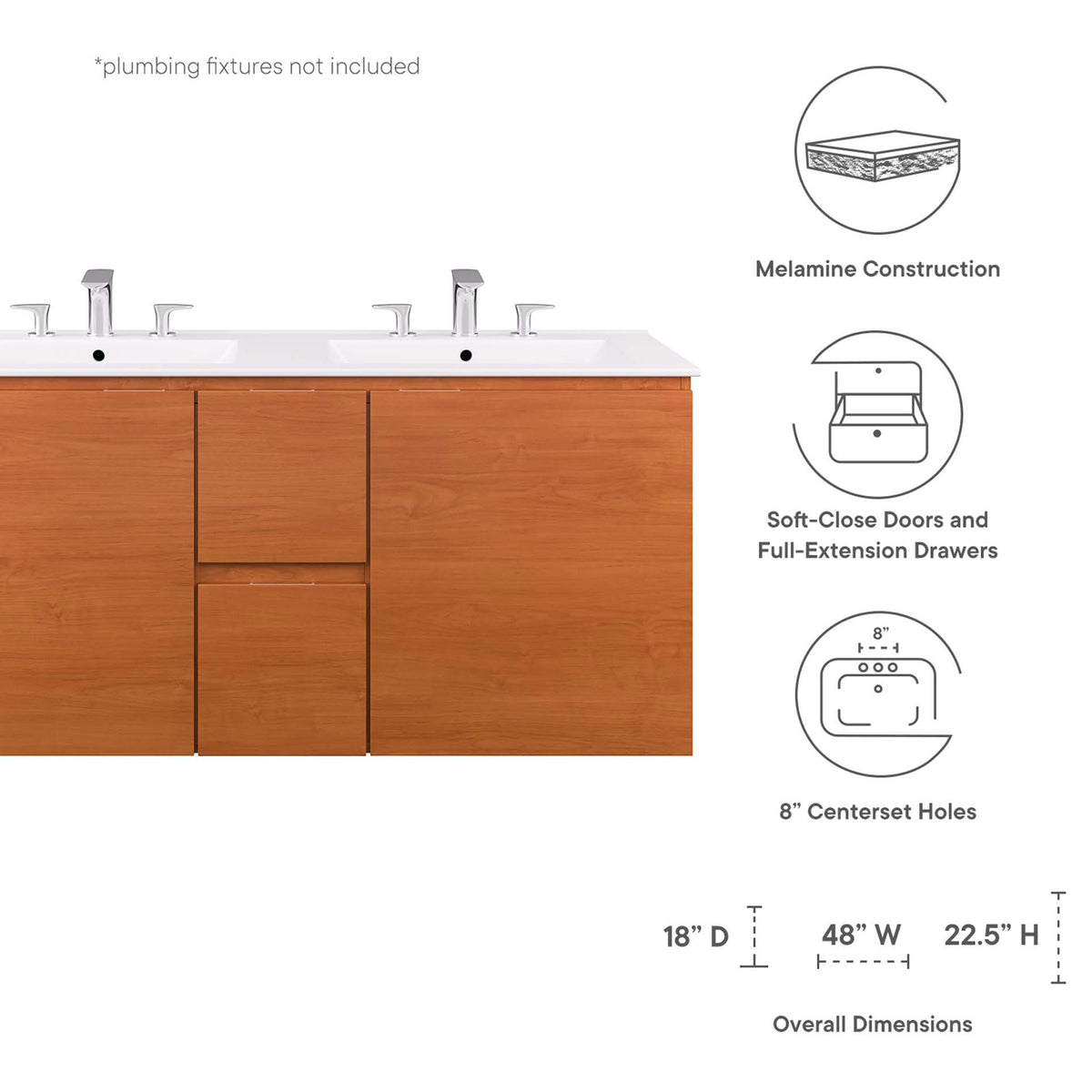Feature highlights and overall dimensions for the cherry wood grain double vanity with integrated sinks. || EEI-5815-CHE-WHI || dimension_studio