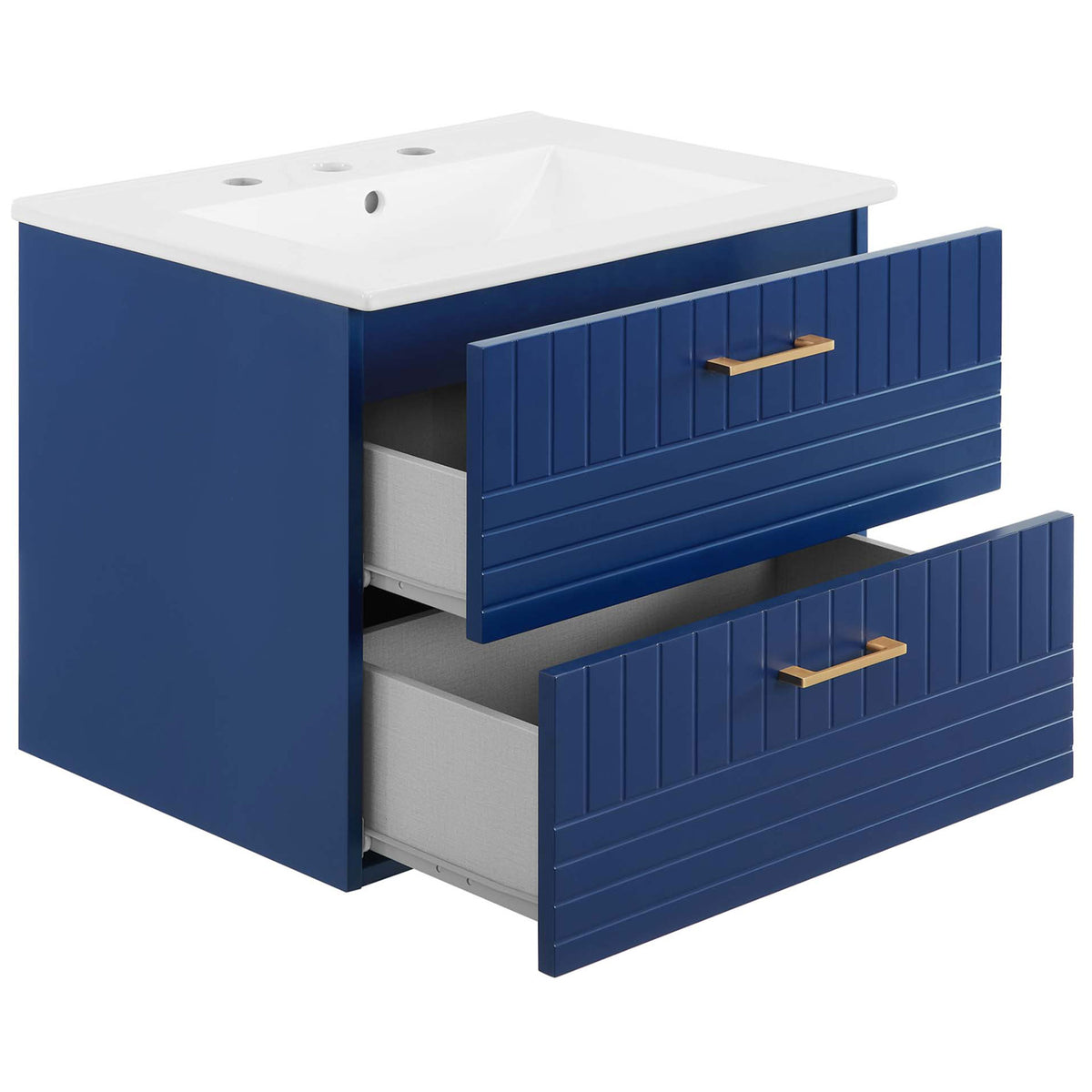 Two spacious drawers open to reveal organized storage beneath a crisp white ceramic sink || EEI-5818-BLU-WHI || front_angle_open_studio