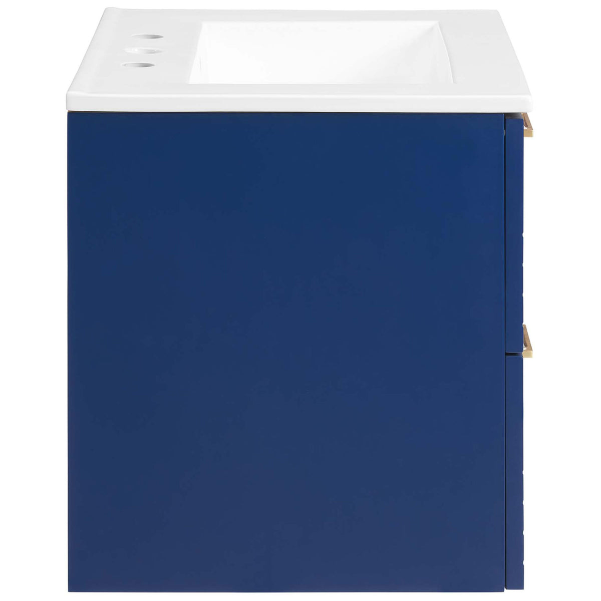 Sleek wall-mount profile in a rich blue matte finish with integrated countertop and sink || EEI-5818-BLU-WHI || side_studio