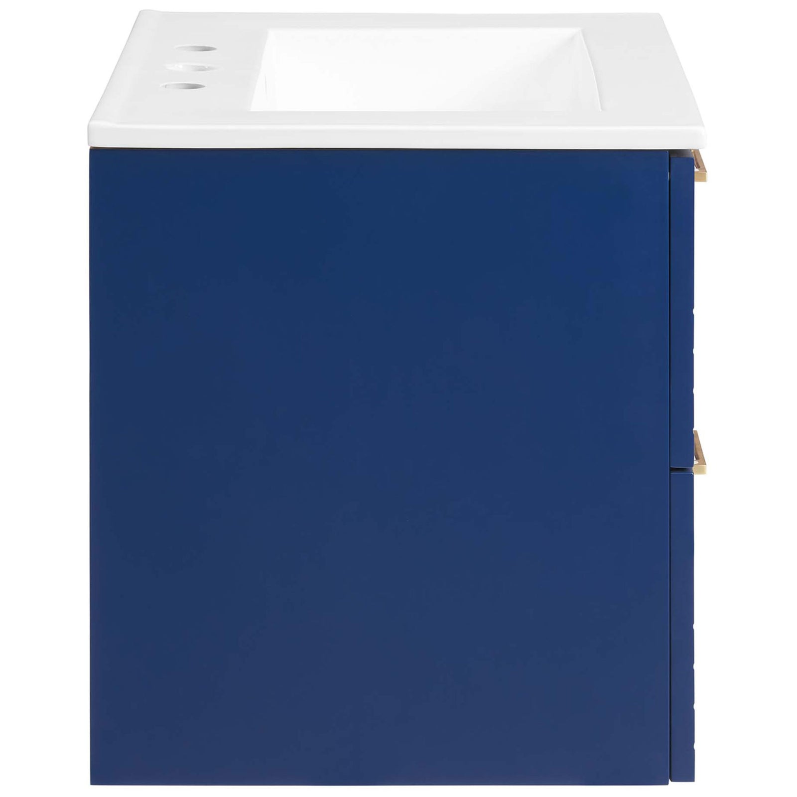 Sleek wall-mount profile in a rich blue matte finish with integrated countertop and sink || EEI-5818-BLU-WHI || side_studio