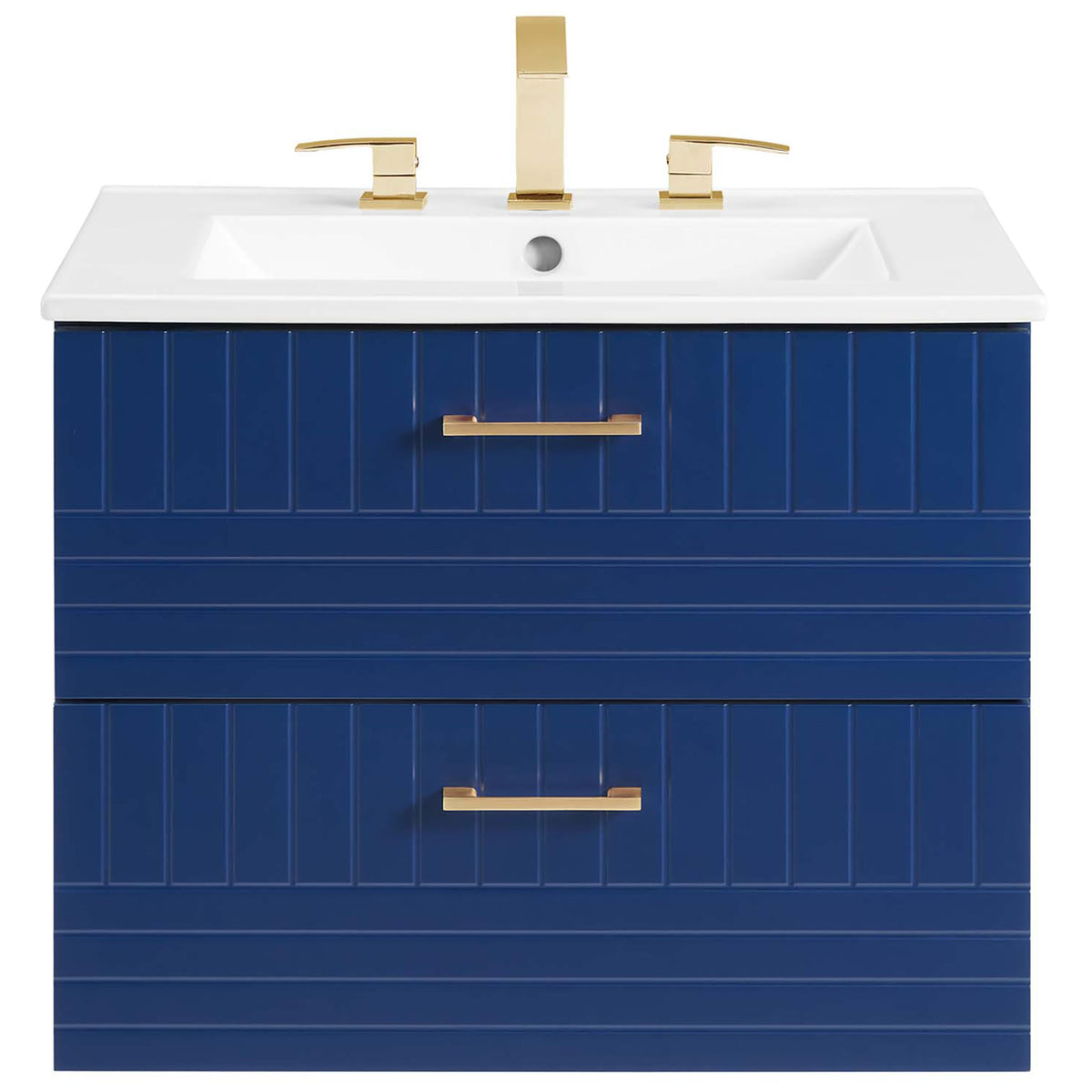Crisp, symmetrical facade with fluted drawers and gleaming hardware complements the integrated sink || EEI-5818-BLU-WHI || front_studio