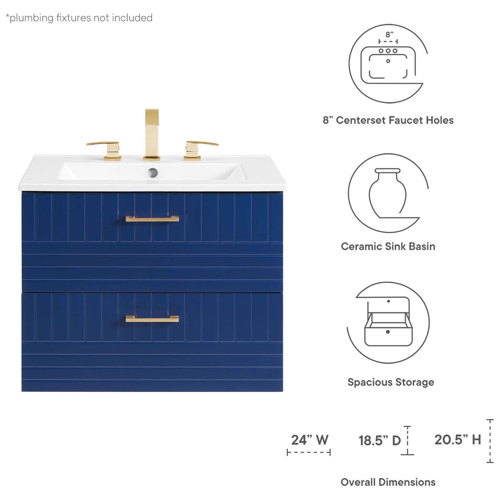 Key features and dimensions with integrated ceramic sink and 8-inch faucet spacing || EEI-5818-BLU-WHI || dimension_studio