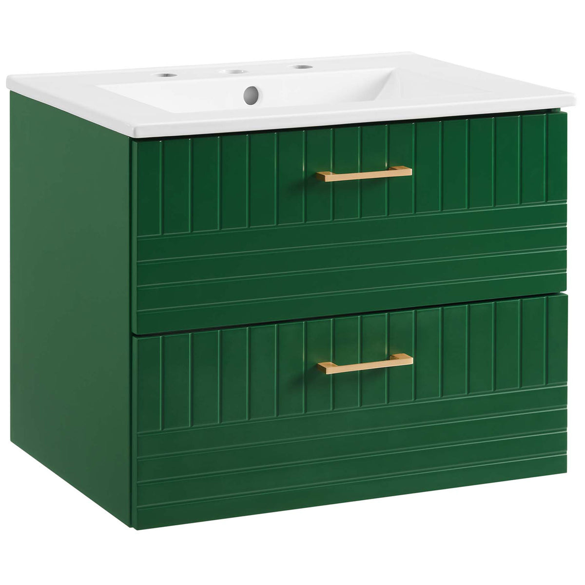 Bold green wall-mount vanity with ribbed drawers, white integrated sink, and brushed gold pulls. || EEI-5818-GRN-WHI || front_angle_studio