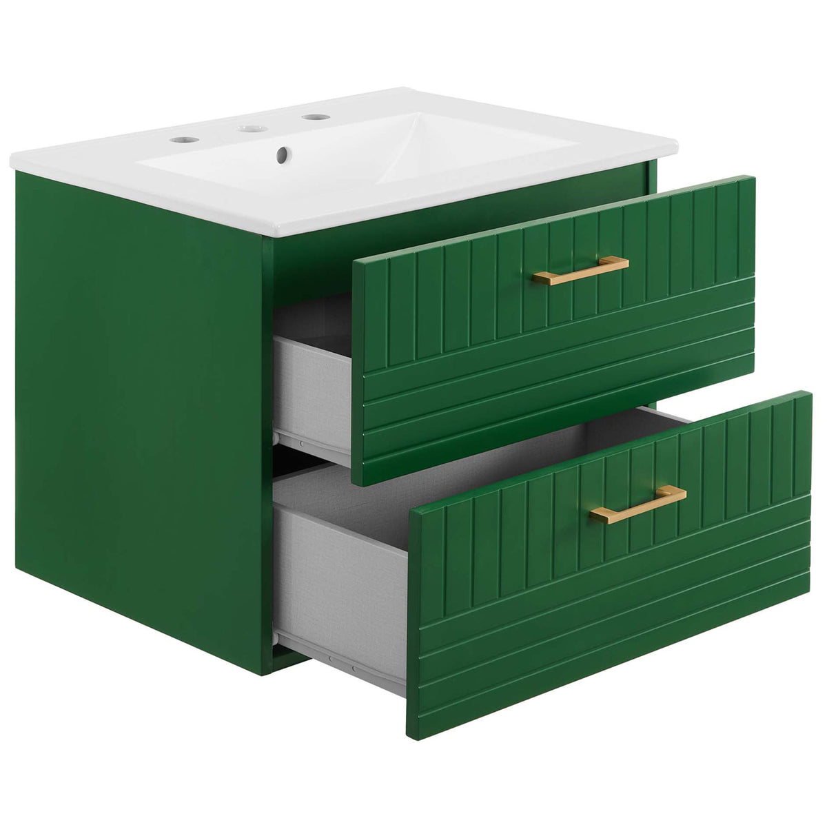 Smooth-glide drawers open to reveal generous storage beneath the crisp white basin. || EEI-5818-GRN-WHI || front_angle_open_studio