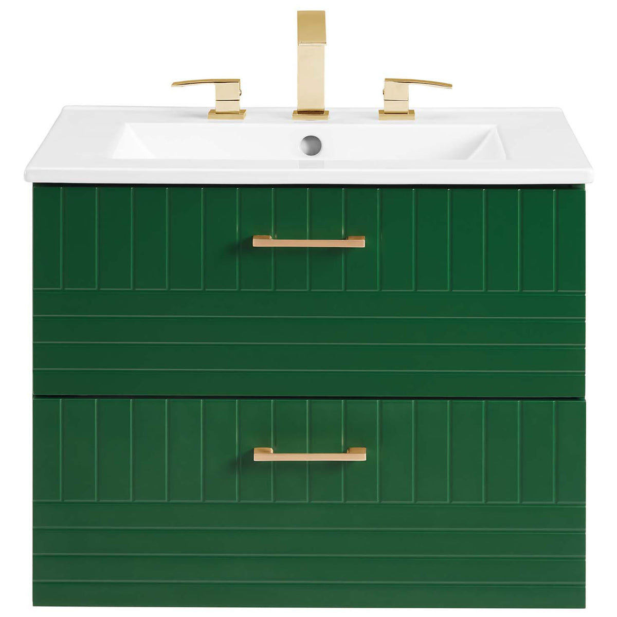 Paneled green drawers and white basin styled with a gold faucet for a polished look. || EEI-5818-GRN-WHI || front_studio