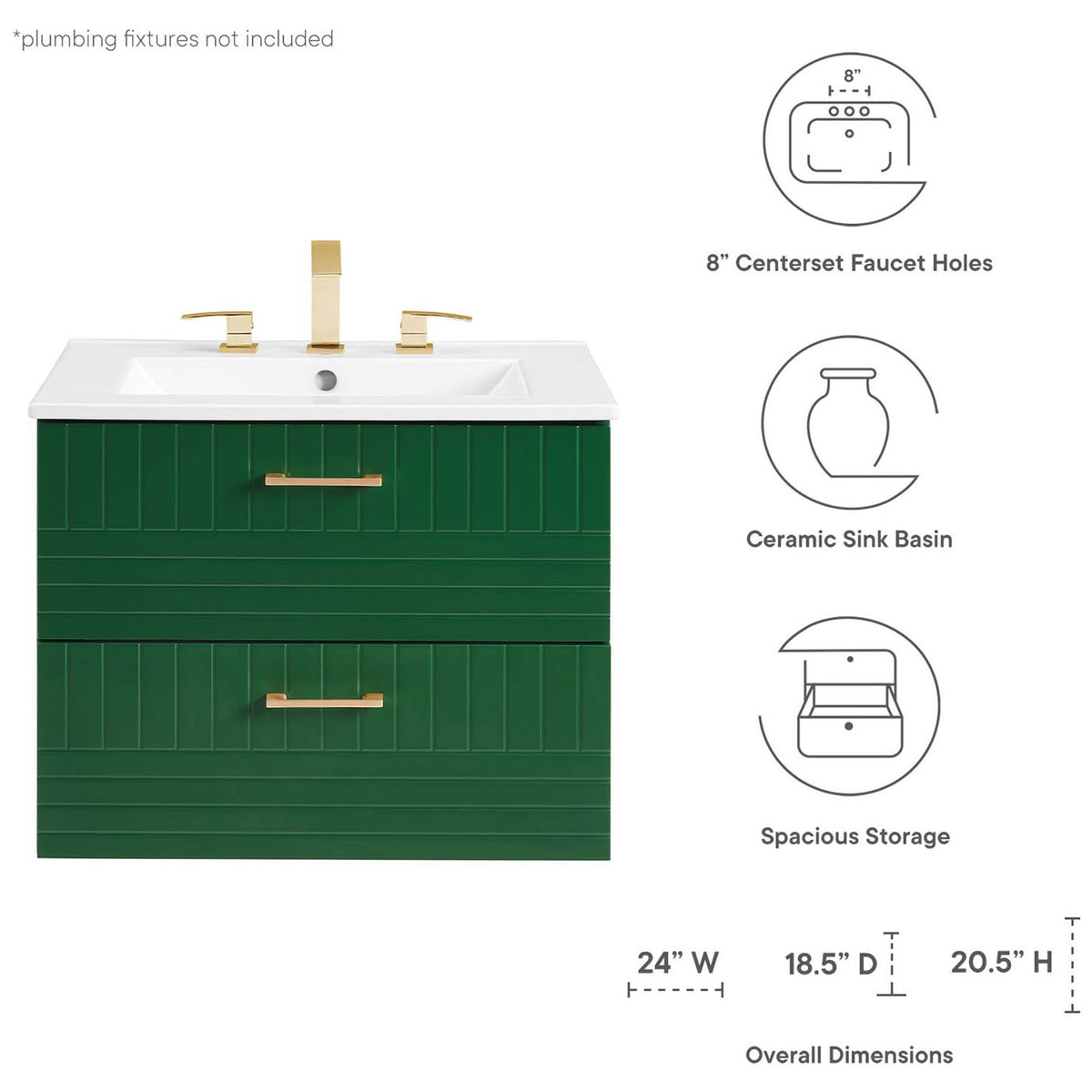 Key features and dimensions highlighting ceramic basin, spacious storage, and 8-inch faucet holes. || EEI-5818-GRN-WHI || dimension_studio
