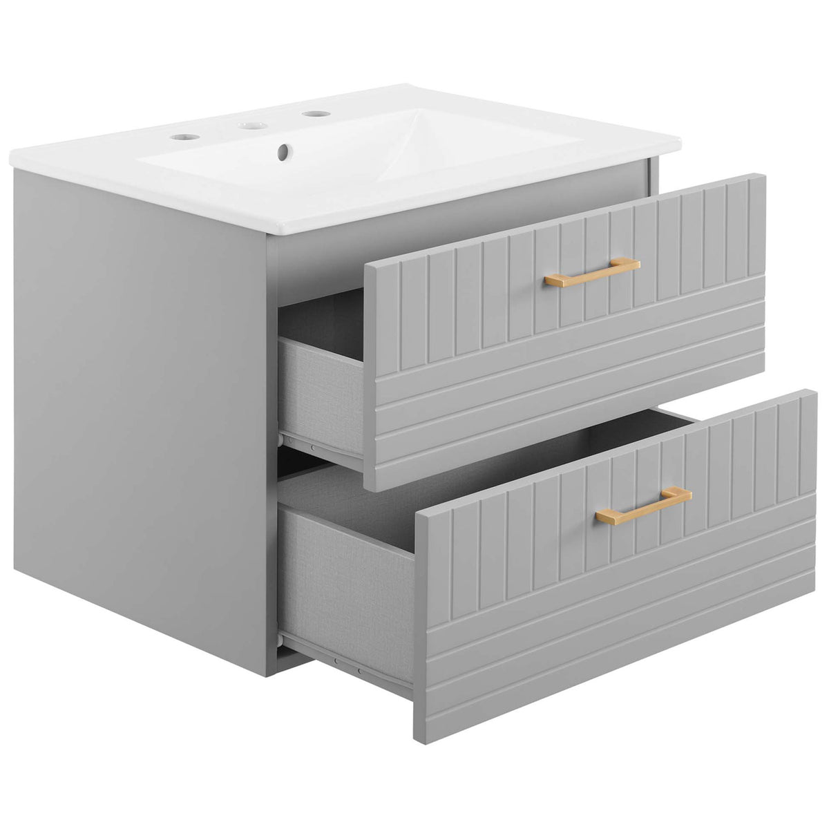 Two deep drawers glide open to reveal organized storage for bathroom essentials || EEI-5818-LGR-WHI || front_angle_open_studio