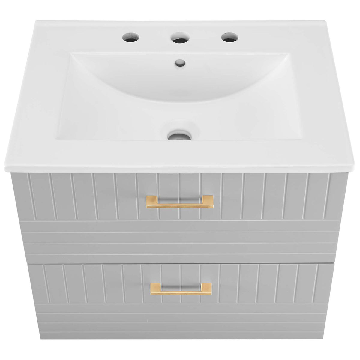 Integrated ceramic sink with 8-inch widespread faucet holes and a gently sloped basin || EEI-5818-LGR-WHI || top_studio