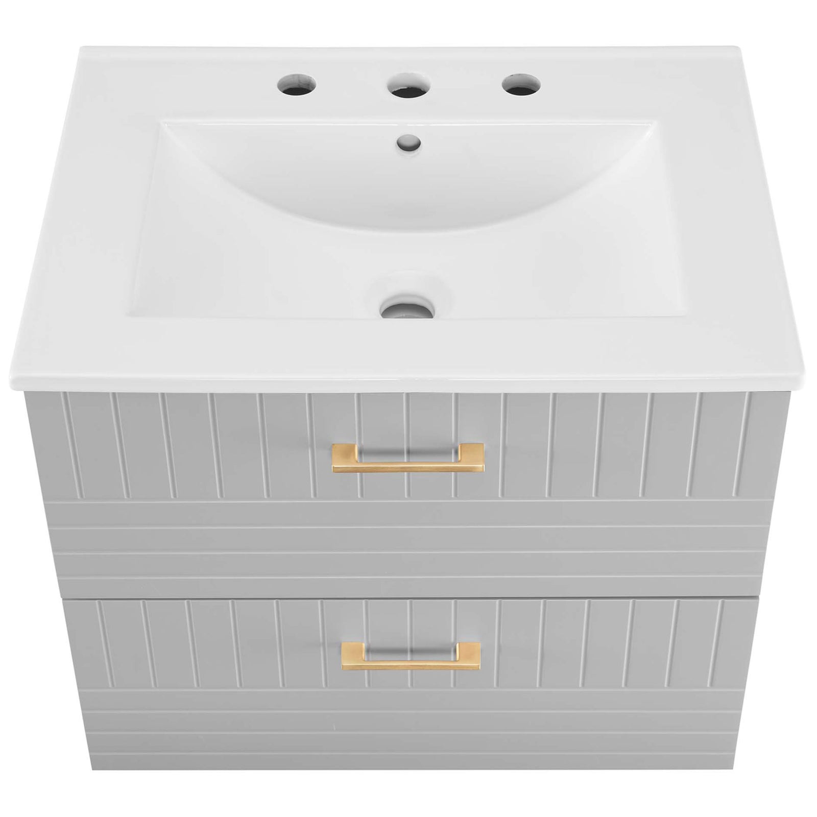 Integrated ceramic sink with 8-inch widespread faucet holes and a gently sloped basin || EEI-5818-LGR-WHI || top_studio