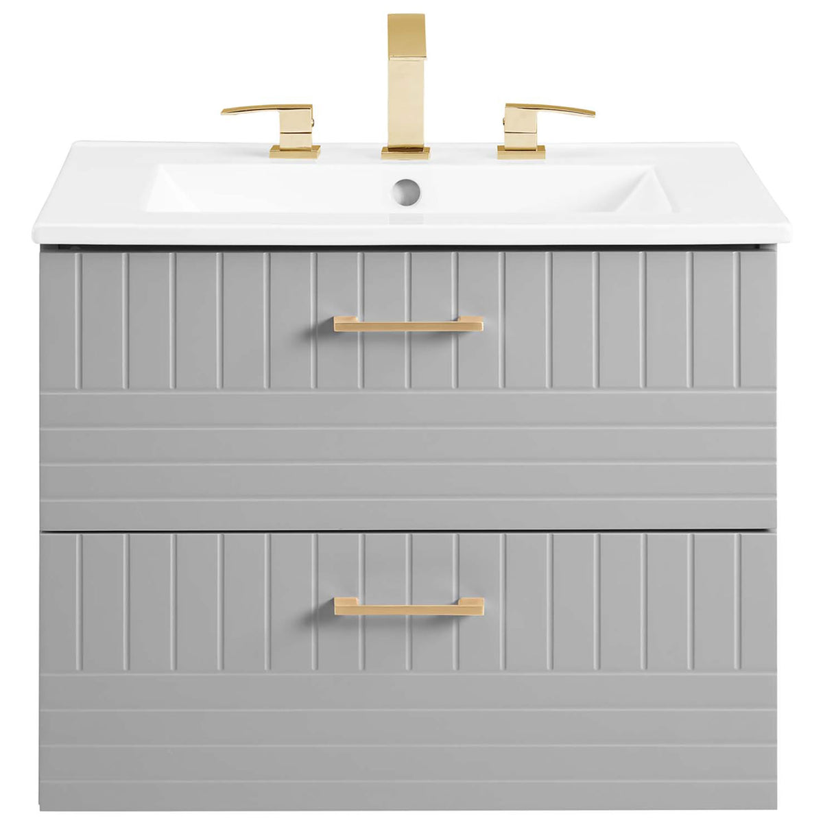 Crisp silhouette with white sink, fluted fronts, and brushed gold pulls || EEI-5818-LGR-WHI || front_studio