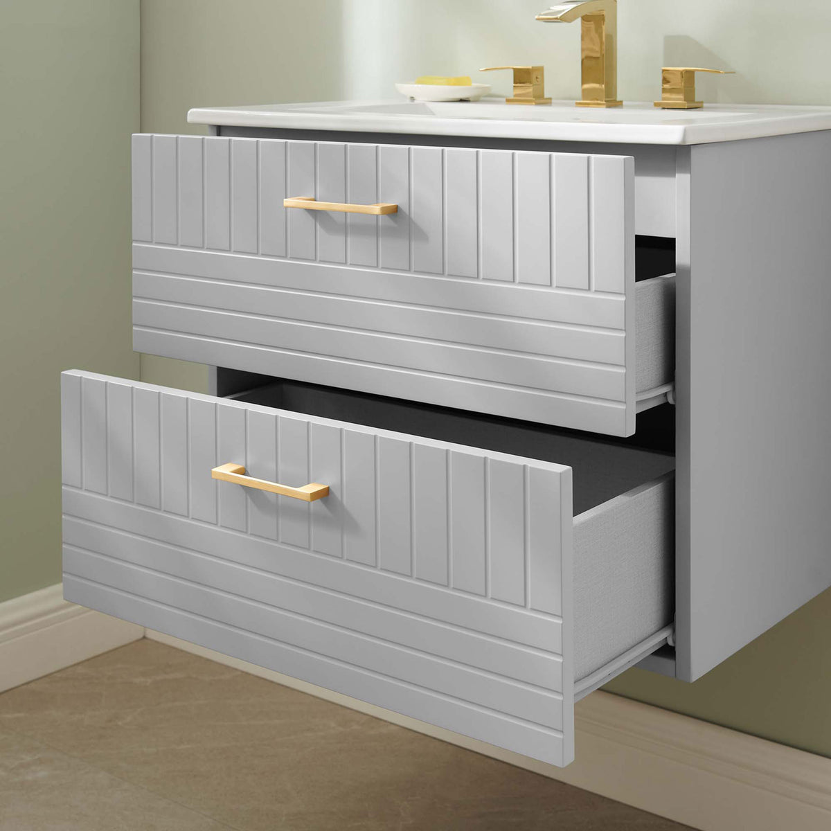 Open drawers showcase spacious storage in a clean, minimalist bathroom || EEI-5818-LGR-WHI || front_angle_open_room