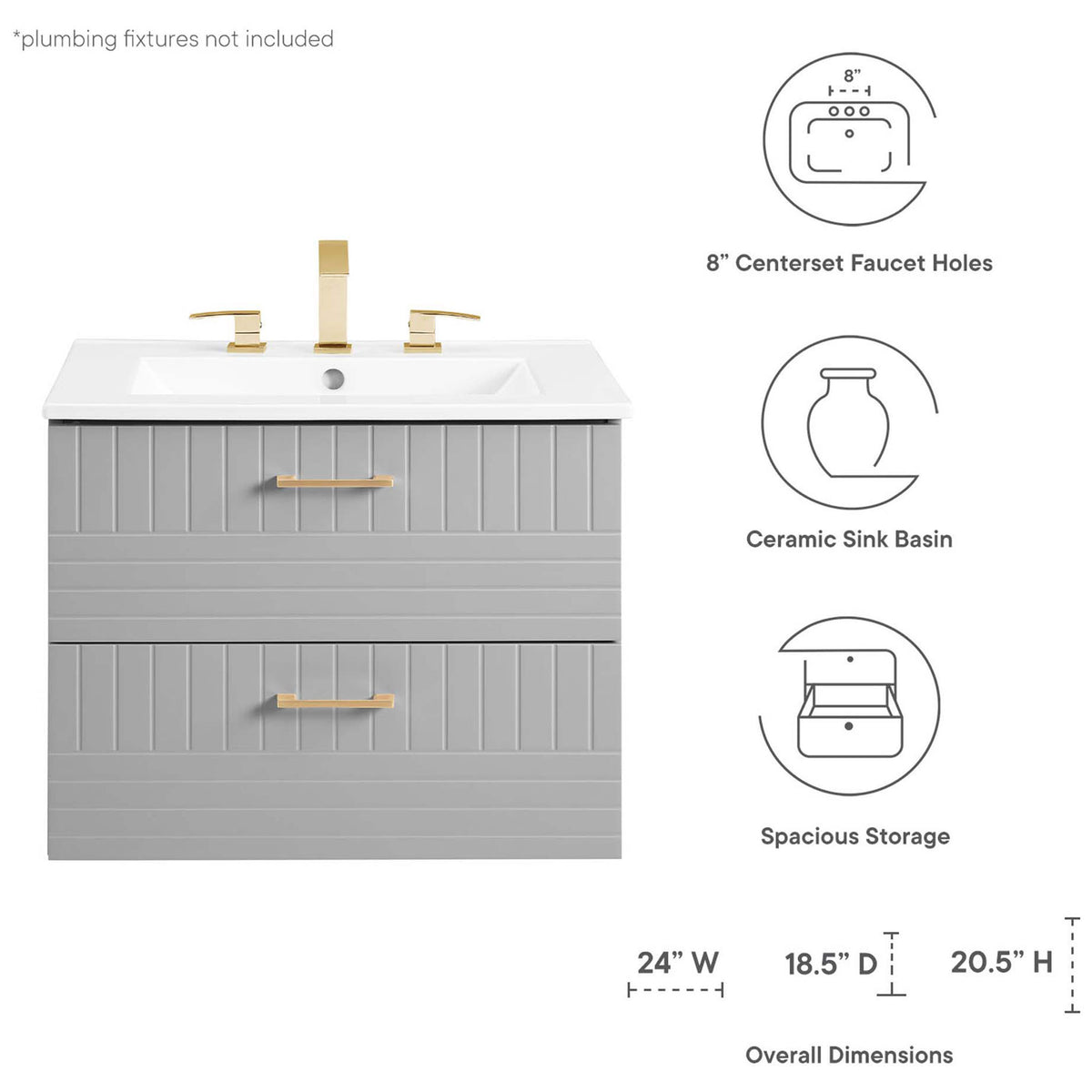 Ceramic sink basin, spacious storage, and 8-inch widespread faucet holes with overall dimensions || EEI-5818-LGR-WHI || dimension_studio
