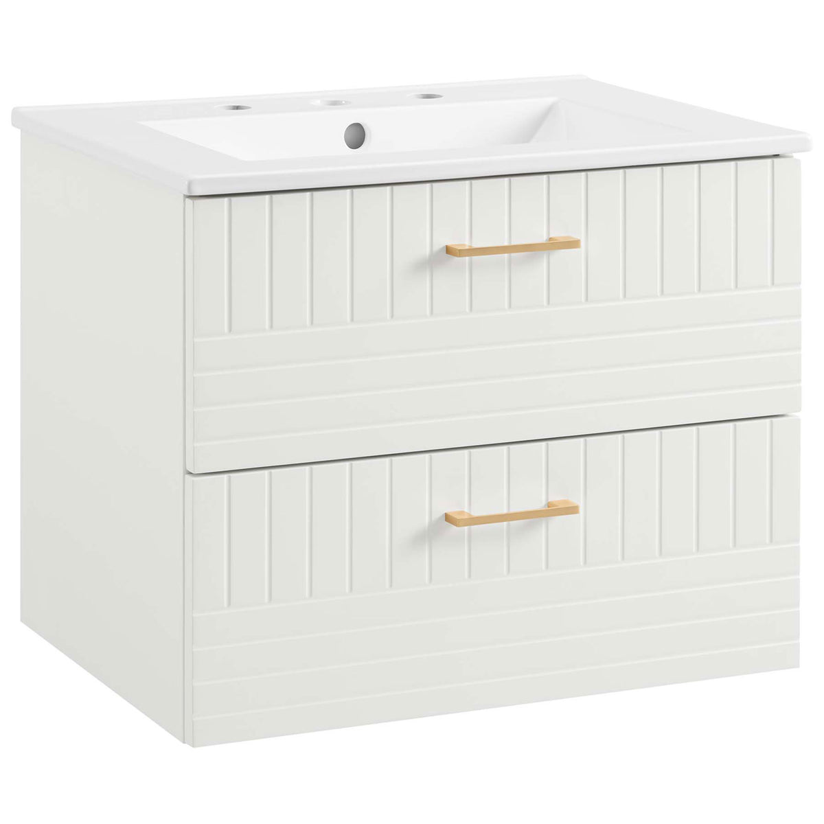 Crisp white wall-mount vanity with fluted drawers and brushed gold pulls, integrated ceramic sink || EEI-5818-WHI-WHI || front_angle_studio