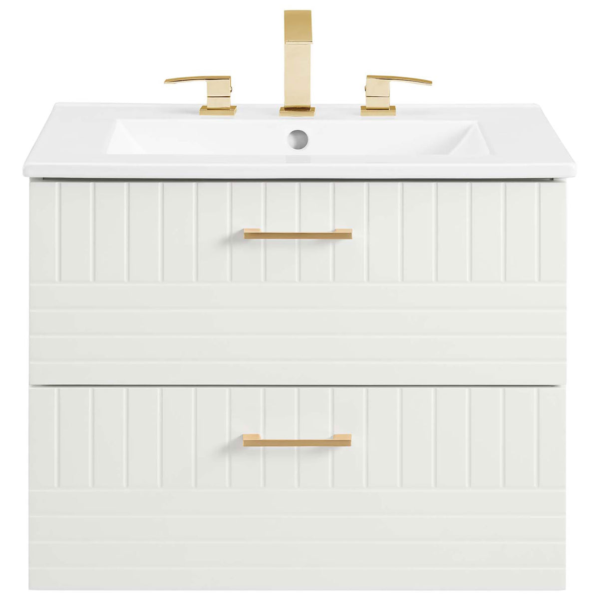 Crisp design highlights vertical paneling, gold hardware, and sink ready for 8-inch widespread || EEI-5818-WHI-WHI || front_studio
