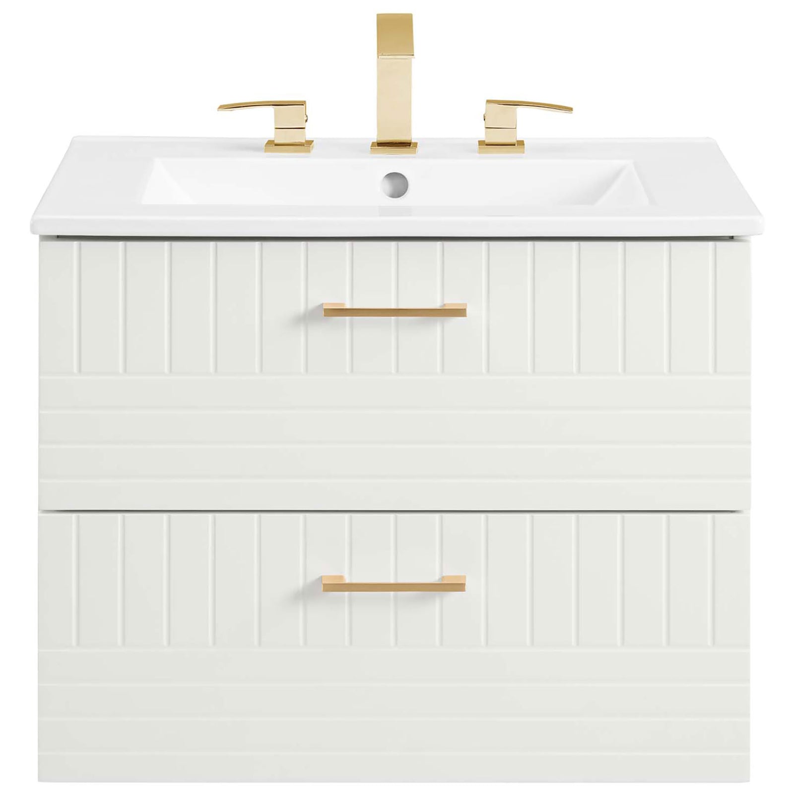Crisp design highlights vertical paneling, gold hardware, and sink ready for 8-inch widespread || EEI-5818-WHI-WHI || front_studio