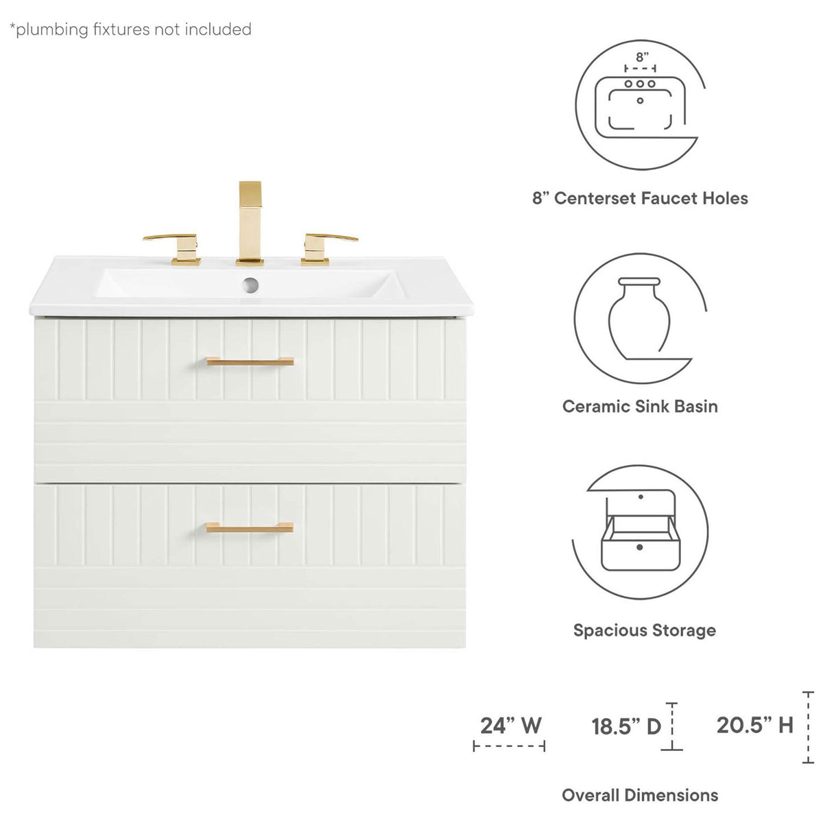 Feature highlights and overall dimensions for this compact, storage-savvy bathroom vanity || EEI-5818-WHI-WHI || dimension_studio