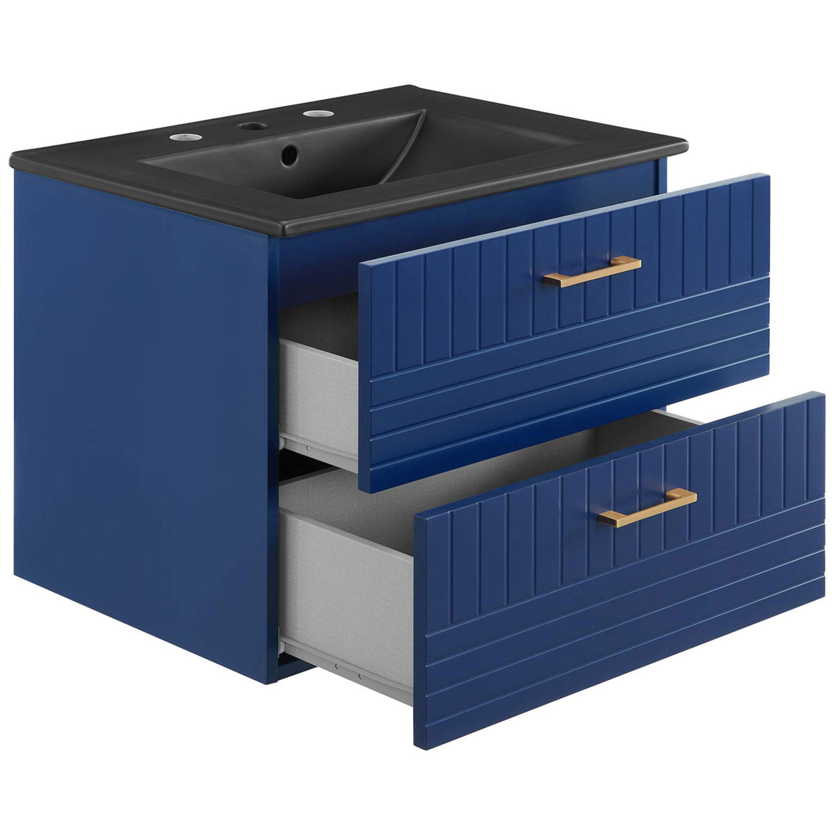 Two roomy drawers glide open to reveal organized storage beneath a sleek matte black sink. || EEI-5820-BLU-BLK || front_angle_open_studio