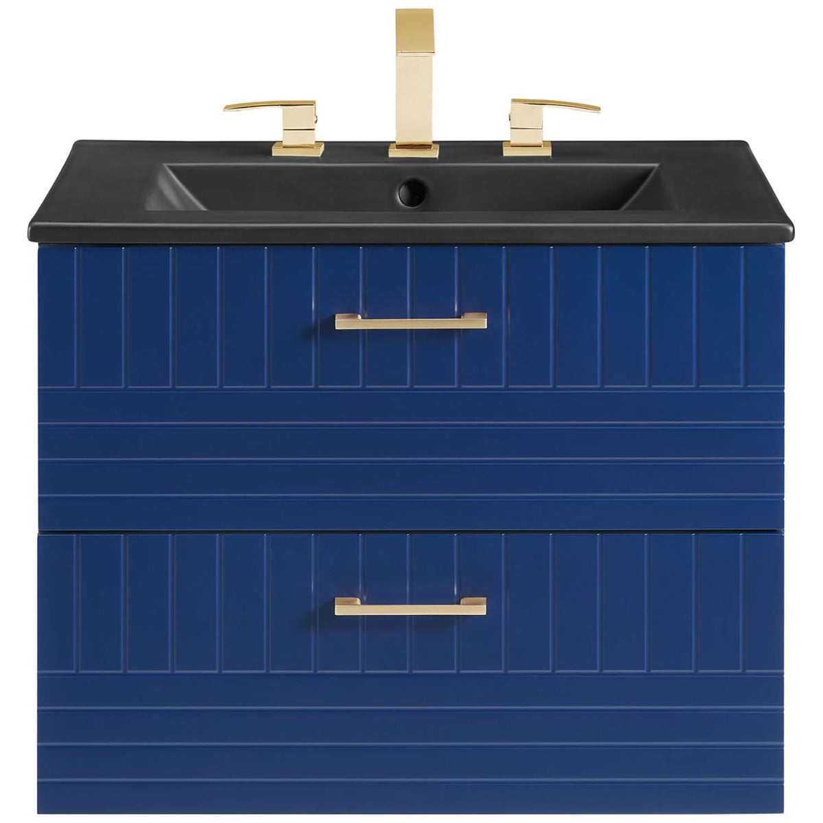 Crisp beadboard-style fronts and a matte black sink create a bold, contemporary look. || EEI-5820-BLU-BLK || front_studio