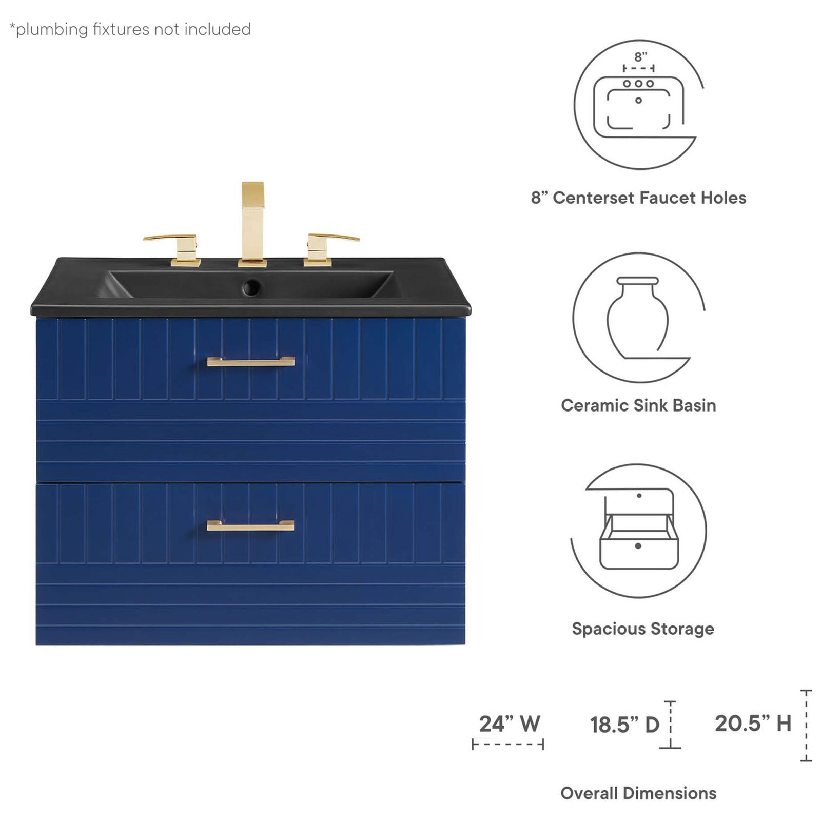 Key features and dimensions highlight the ceramic basin, 8-inch faucet holes, and storage capacity. || EEI-5820-BLU-BLK || dimension_studio