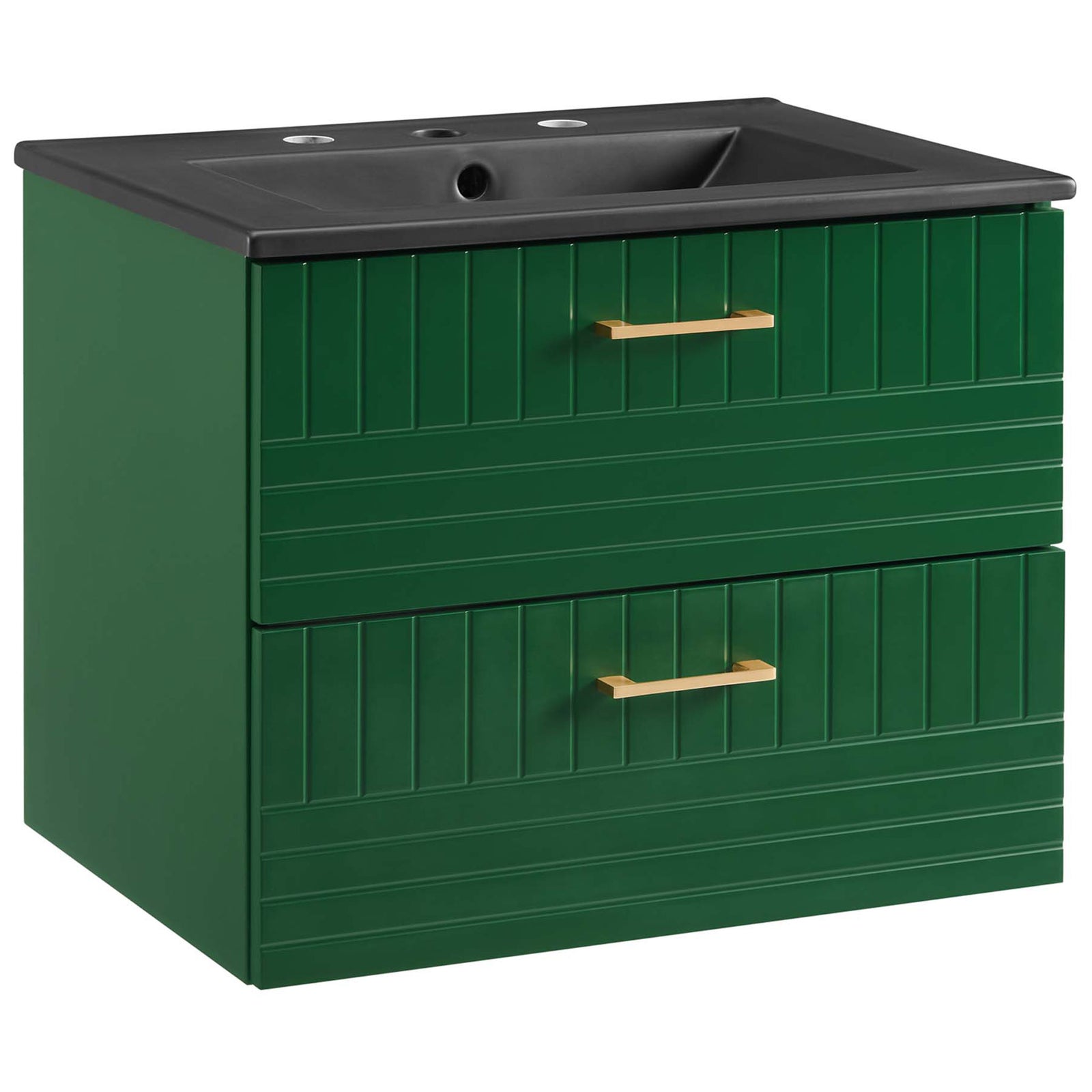 Two-drawer green vanity with fluted panels, matte black sink, and brushed gold pulls. || EEI-5820-GRN-BLK || front_angle_studio