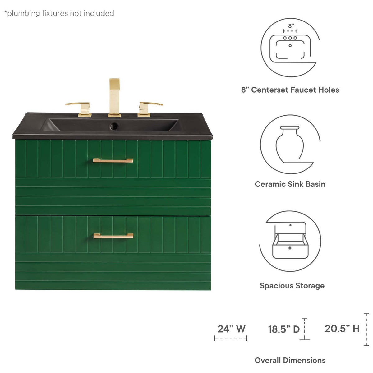 24-inch wall vanity with integrated ceramic sink, three-hole basin, and spacious storage; dimensions shown. || EEI-5820-GRN-BLK || dimension_studio