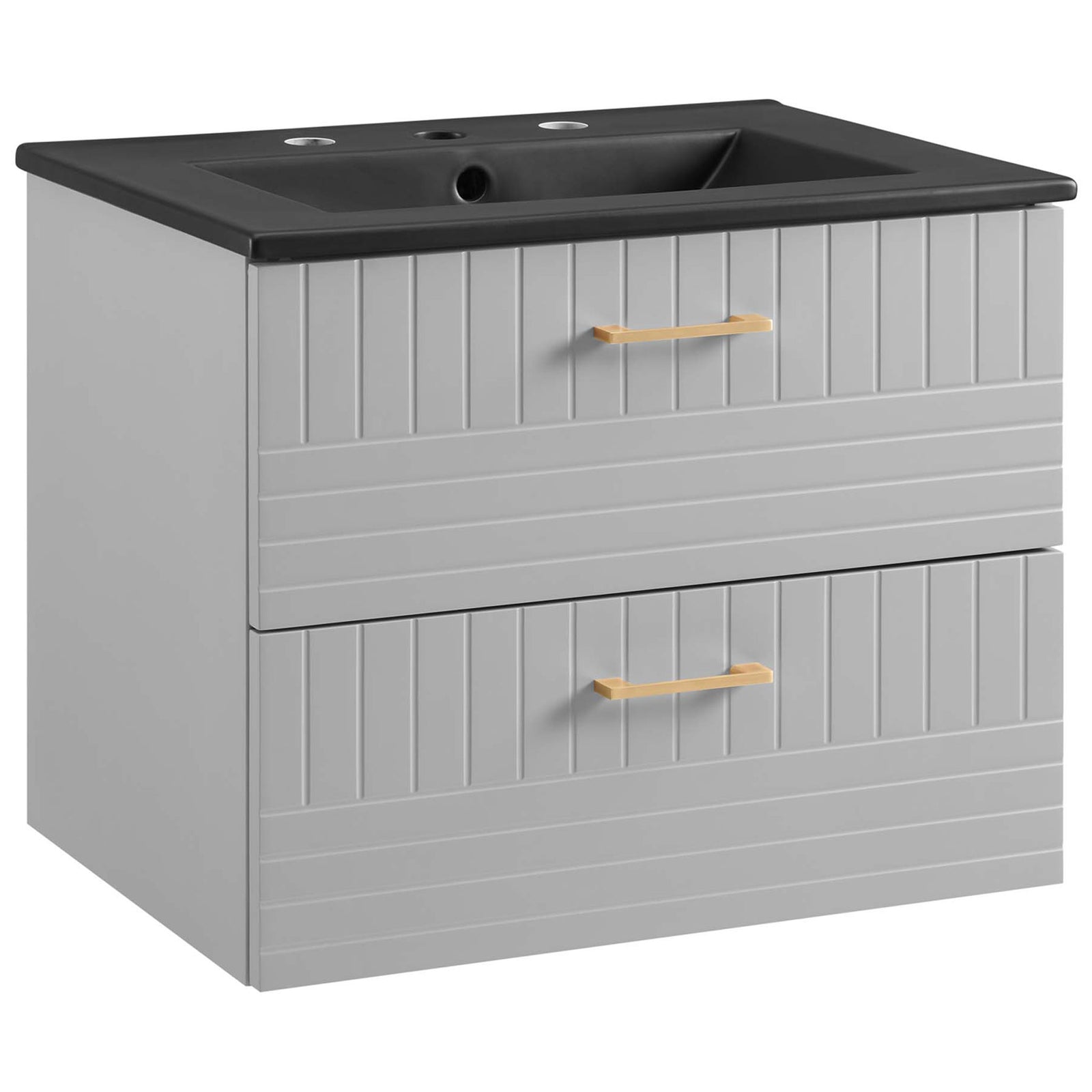 Light gray wall-mount vanity with black integrated sink, gold handles, and modern slatted drawer fronts || EEI-5820-LGR-BLK || front_angle_studio