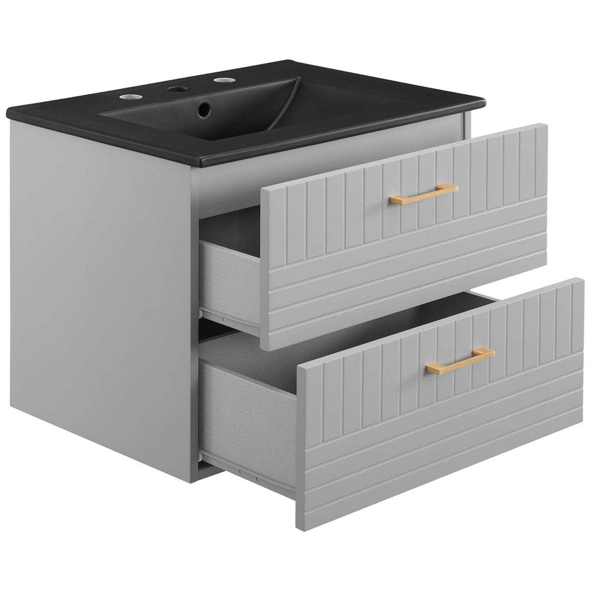 Spacious drawers glide open to reveal organized storage beneath the matte black sink countertop || EEI-5820-LGR-BLK || front_angle_open_studio