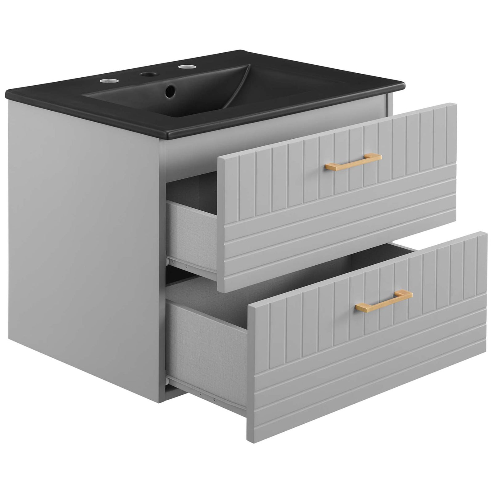 Spacious drawers glide open to reveal organized storage beneath the matte black sink countertop || EEI-5820-LGR-BLK || front_angle_open_studio