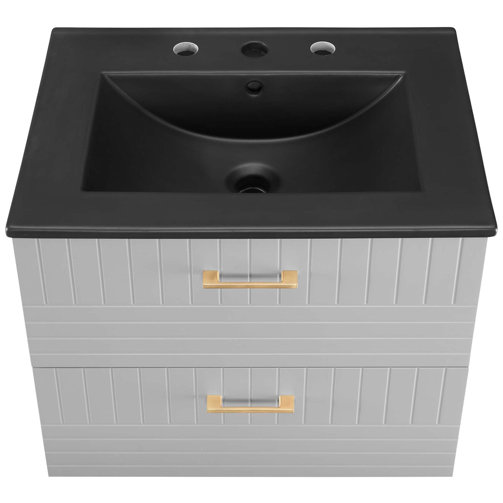 Matte black basin with integrated countertop and 8-inch widespread faucet holes for a sleek, seamless look || EEI-5820-LGR-BLK || top_studio