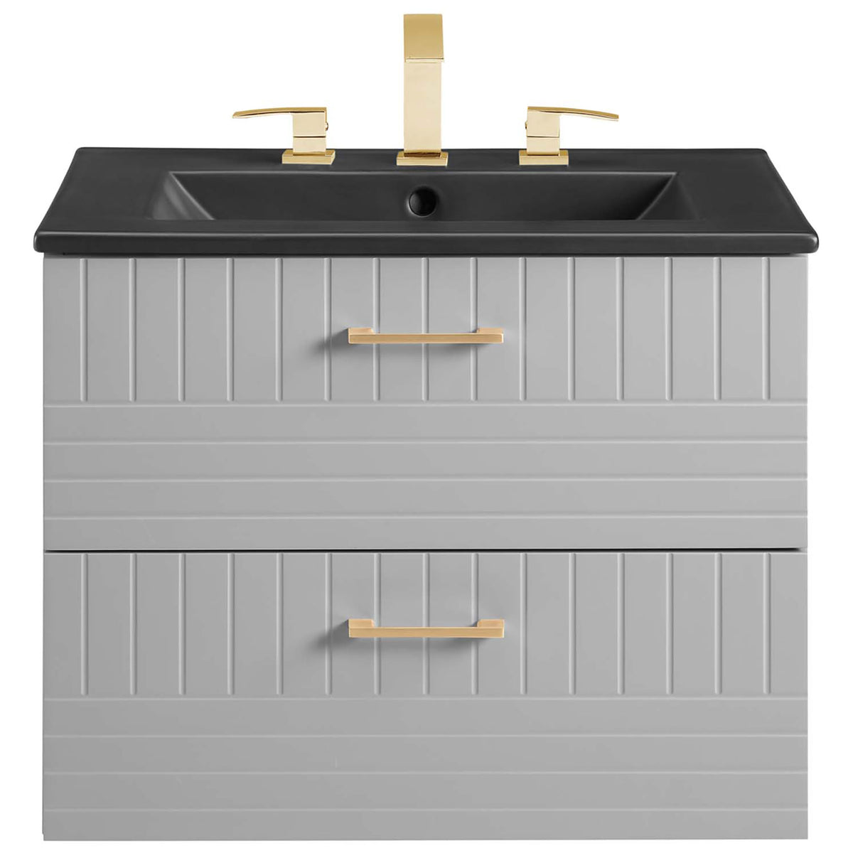 Crisp, symmetrical facade with paneled drawers and a bold black sink creates standout modern appeal || EEI-5820-LGR-BLK || front_studio