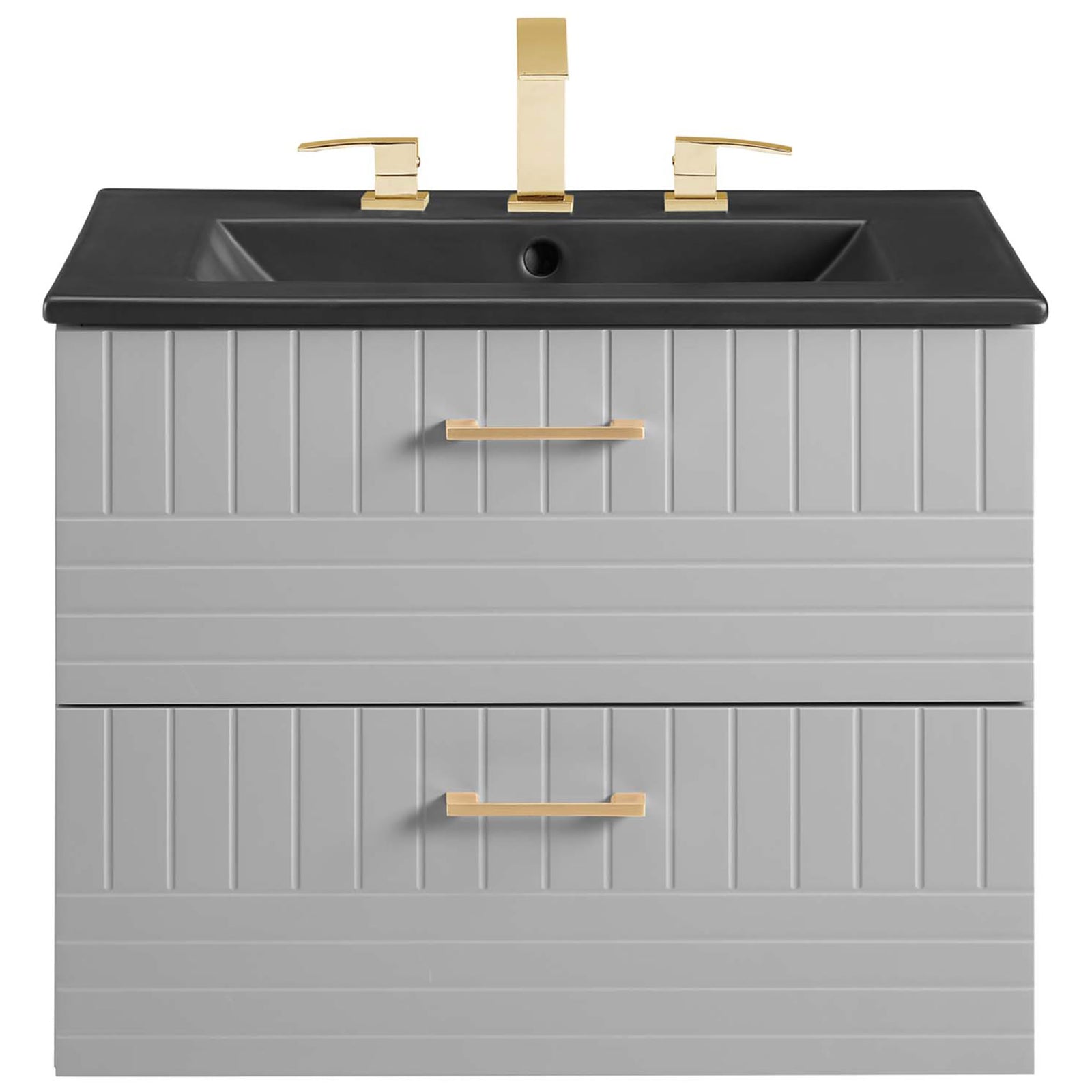 Crisp, symmetrical facade with paneled drawers and a bold black sink creates standout modern appeal || EEI-5820-LGR-BLK || front_studio