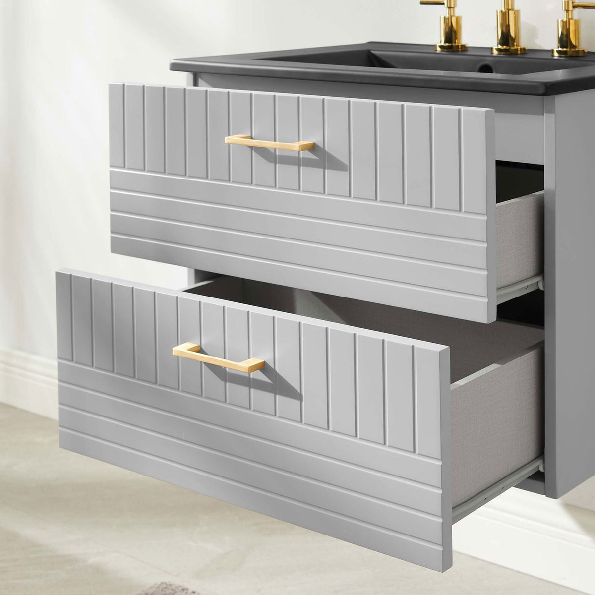 Spacious drawers keep bathroom essentials neatly tucked away in a clean, floating design || EEI-5820-LGR-BLK || storage_open_room