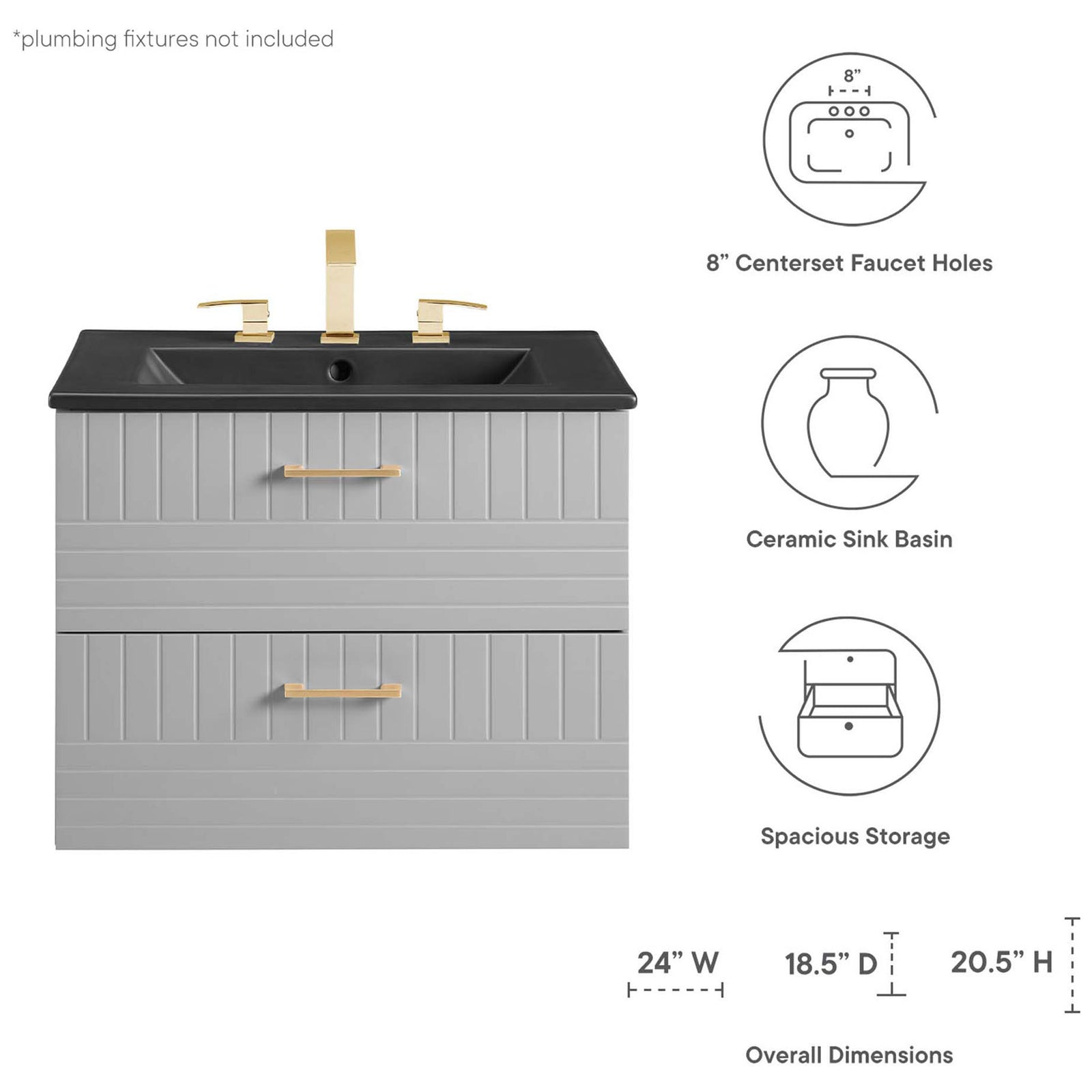 Key features and overall dimensions showcased for the Daybreak 24-inch wall-mount bathroom vanity || EEI-5820-LGR-BLK || dimension_studio