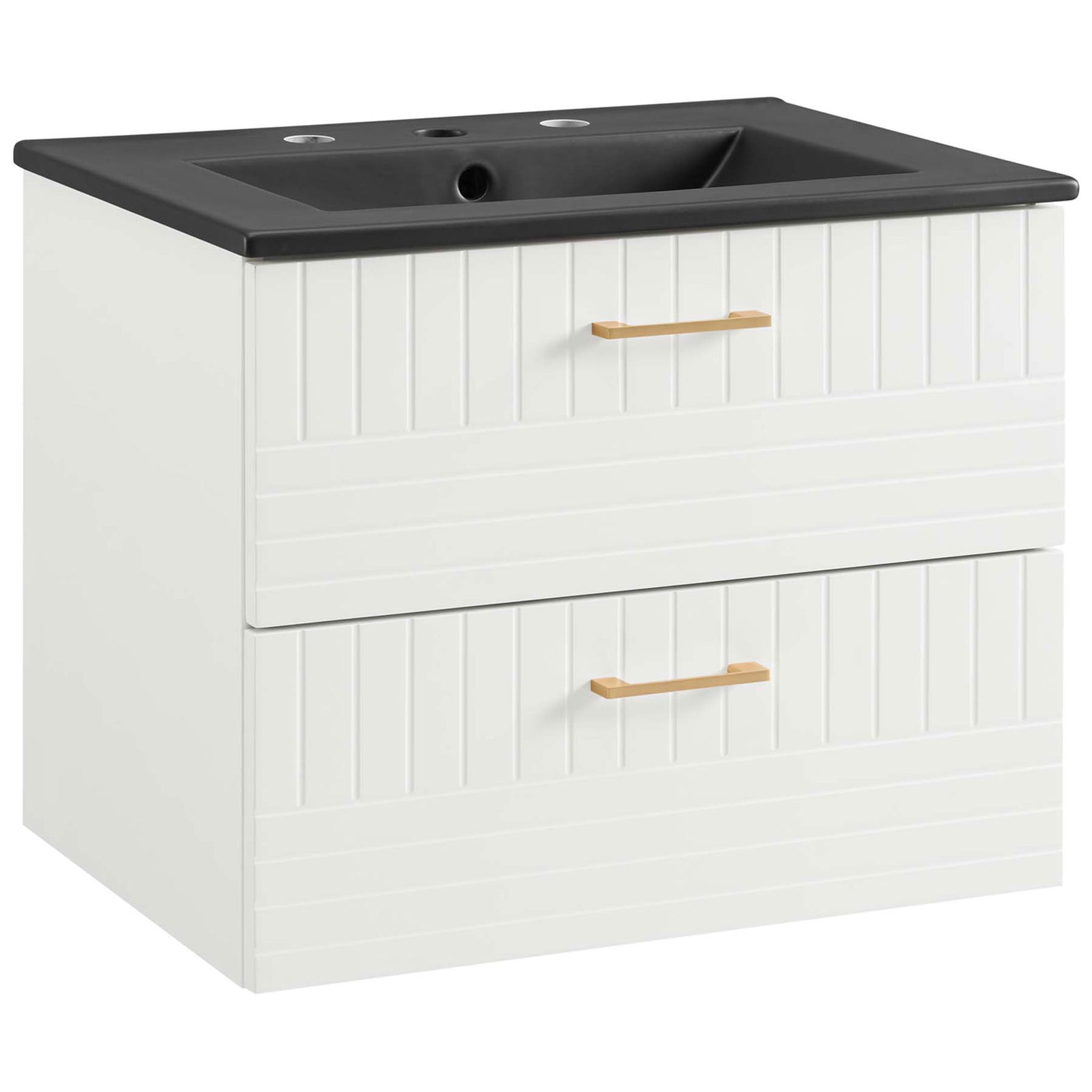 Wall-mounted vanity with black integrated sink and fluted white drawers finished with brushed gold pulls || EEI-5820-WHI-BLK || front_angle_studio