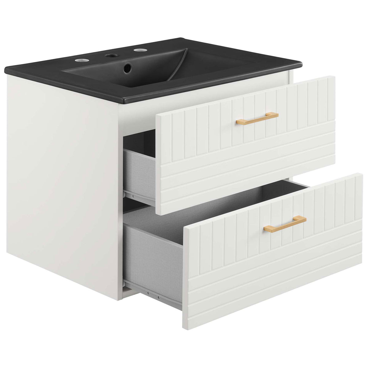 Two drawers open to reveal roomy storage with a plumbing cutout beneath the black basin || EEI-5820-WHI-BLK || front_angle_open_studio