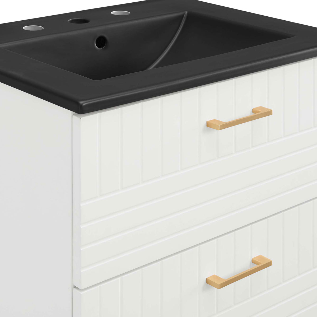 Beadboard-style fronts and brushed gold pulls bring warm contrast to the modern black basin || EEI-5820-WHI-BLK || detail_studio