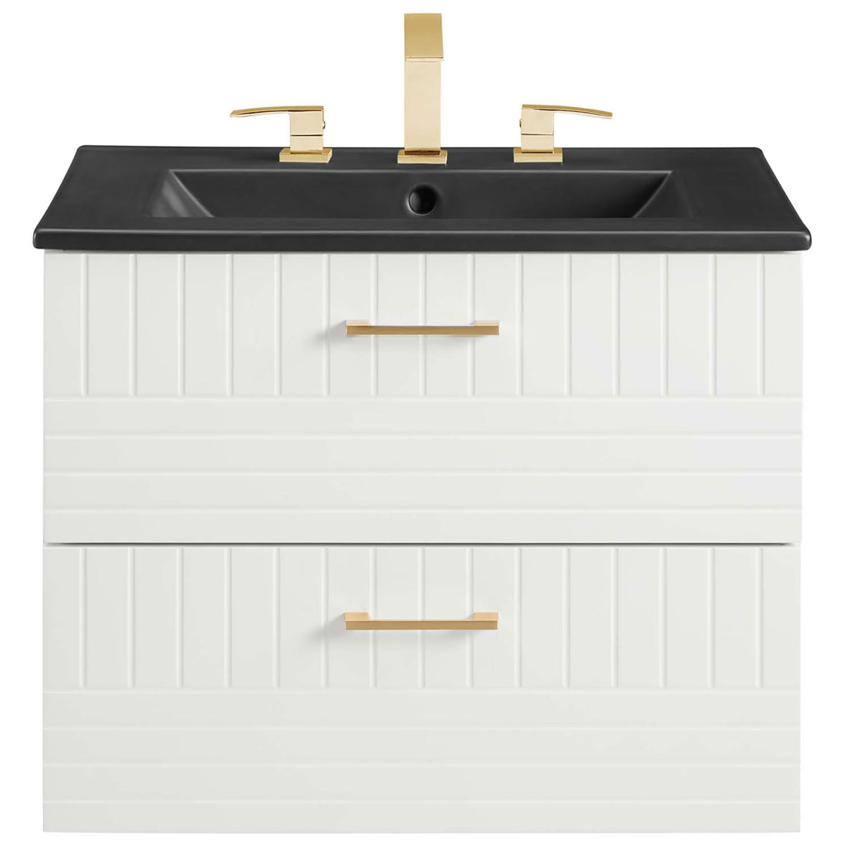 Crisp beadboard facade pairs with a sleek black sink and gleaming brushed gold pulls || EEI-5820-WHI-BLK || front_studio