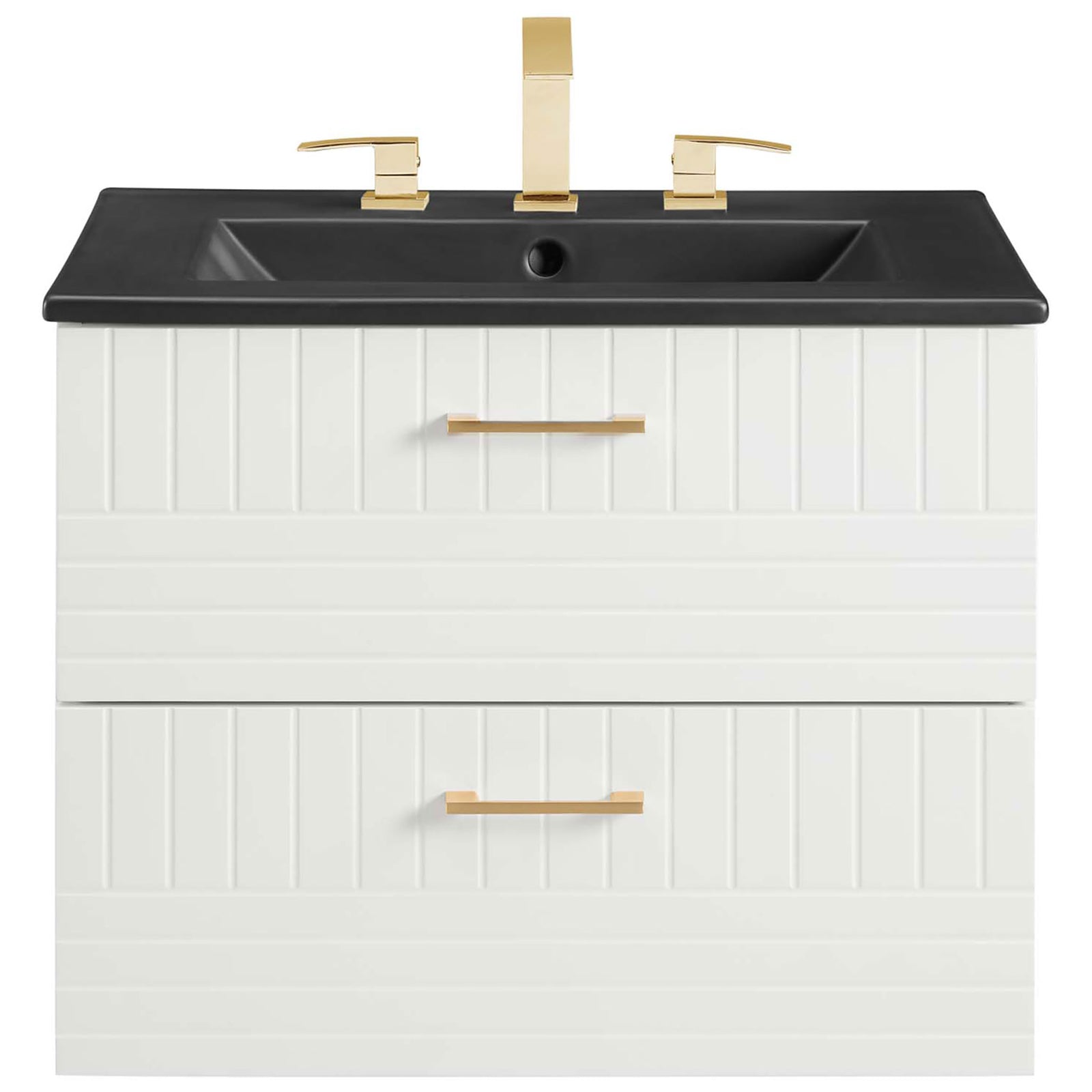 Crisp beadboard facade pairs with a sleek black sink and gleaming brushed gold pulls || EEI-5820-WHI-BLK || front_studio