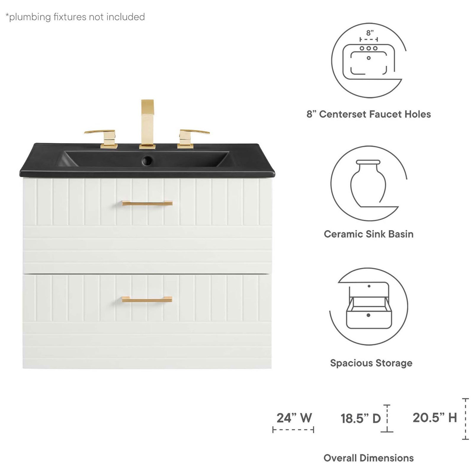 Feature callouts and dimensions highlight the 24-inch wide vanity and generous storage capacity || EEI-5820-WHI-BLK || dimension_studio