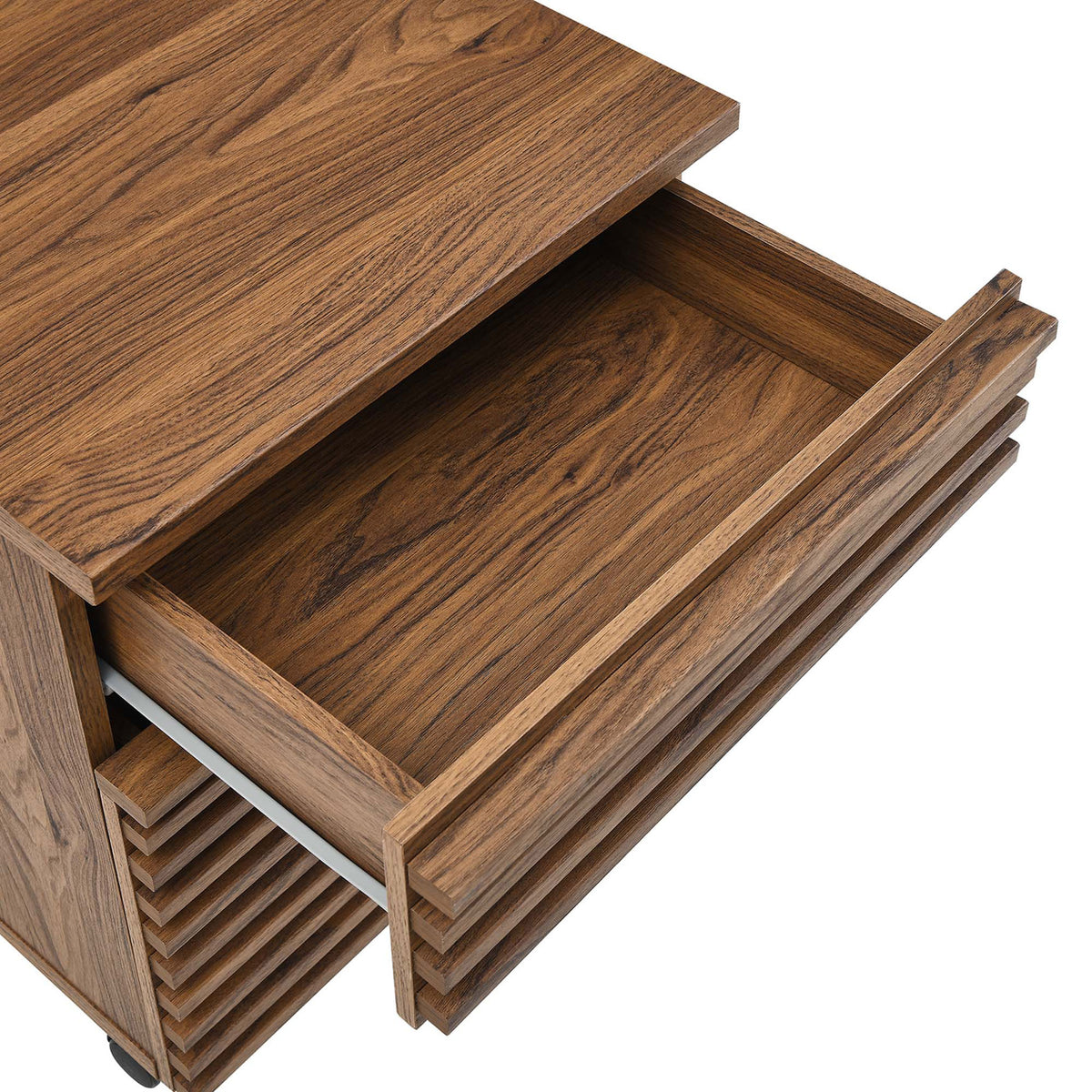 Upper accessory drawer opens smoothly to keep office essentials organized and within reach. || EEI-5821-WAL || storage_open_studio