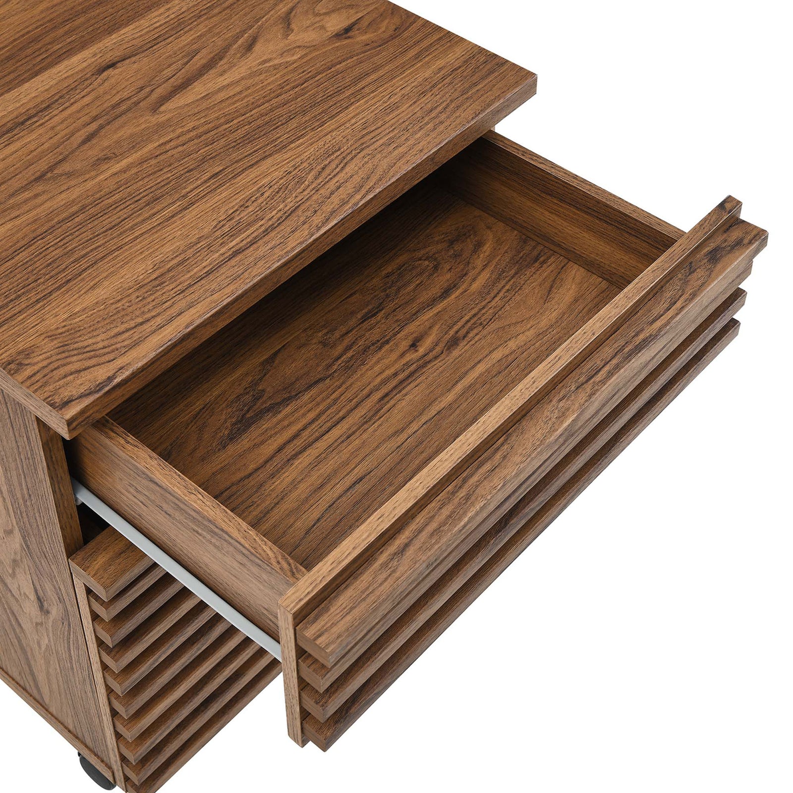 Upper accessory drawer opens smoothly to keep office essentials organized and within reach. || EEI-5821-WAL || storage_open_studio