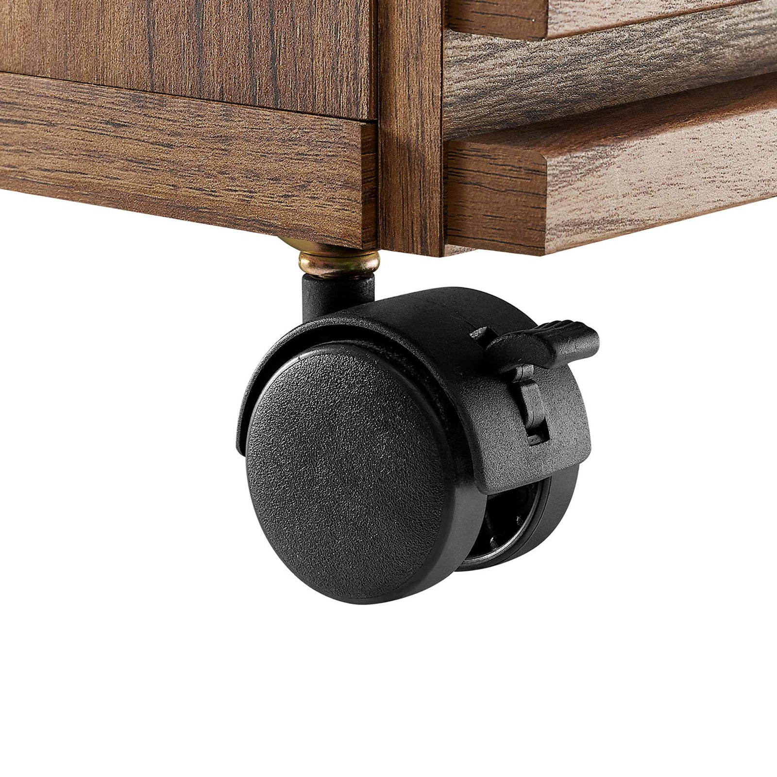 Locking caster detail provides stable placement and smooth rolling performance. || EEI-5821-WAL || leg_studio