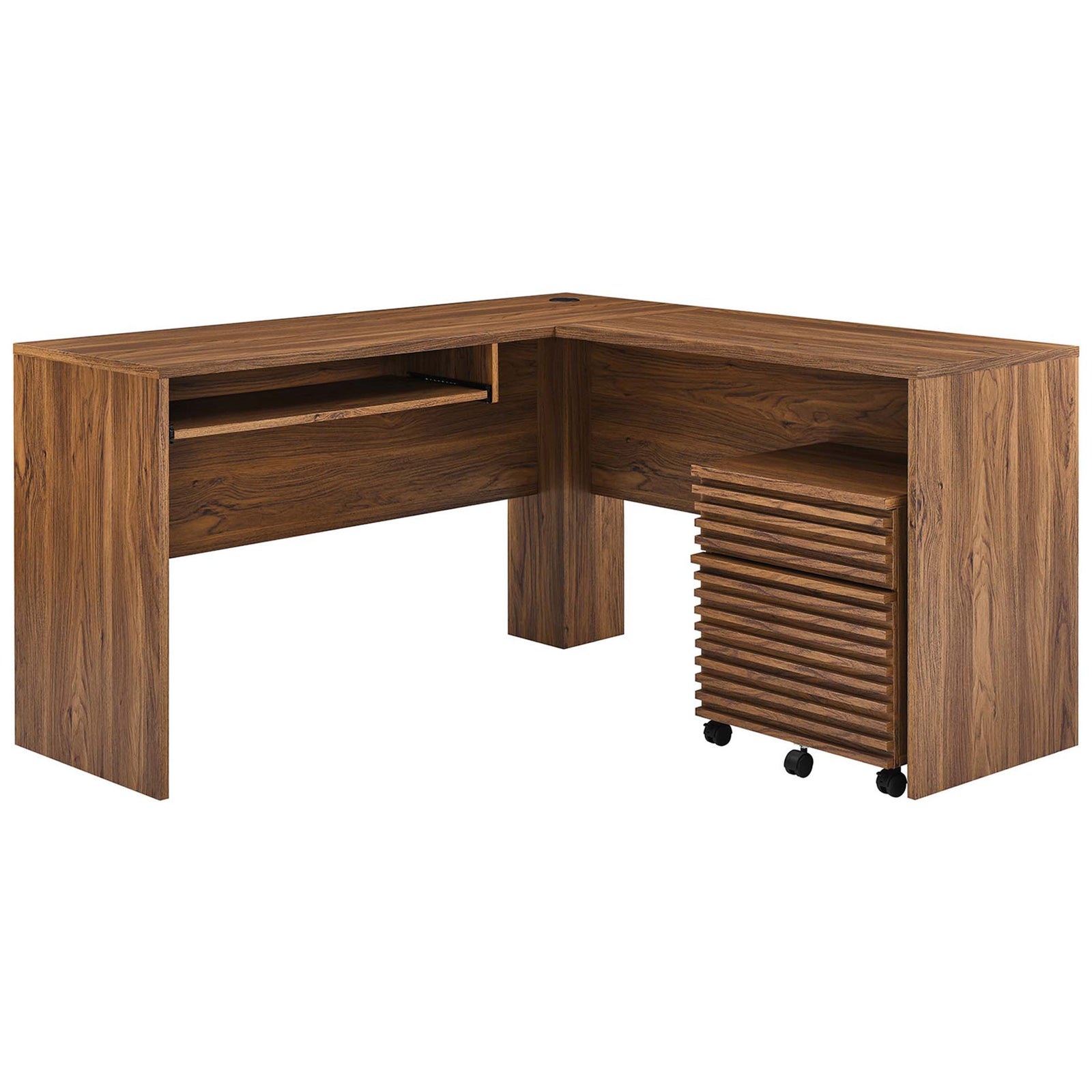 Spacious L-shaped desk in rich walnut finish with cable grommet and coordinating rolling file cabinet. || EEI-5821-WAL || front_angle_studio