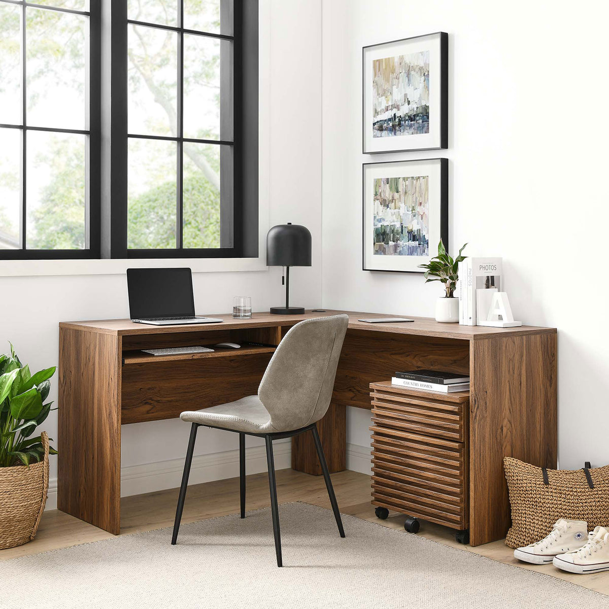 Modern L-shaped desk set delivers ample workspace and a matching mobile file cabinet. || EEI-5821-WAL || front_angle_room