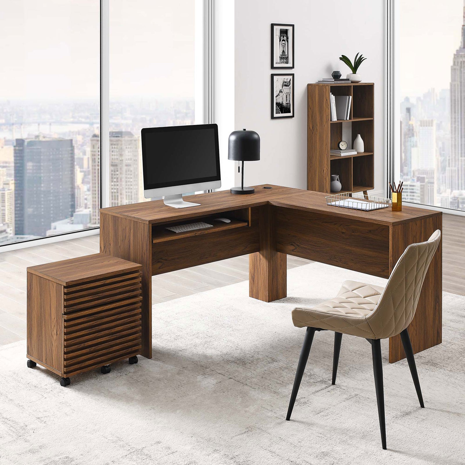 Clean-lined L-shaped desk with mobile cabinet complements contemporary work setups. || EEI-5821-WAL || front_angle_room