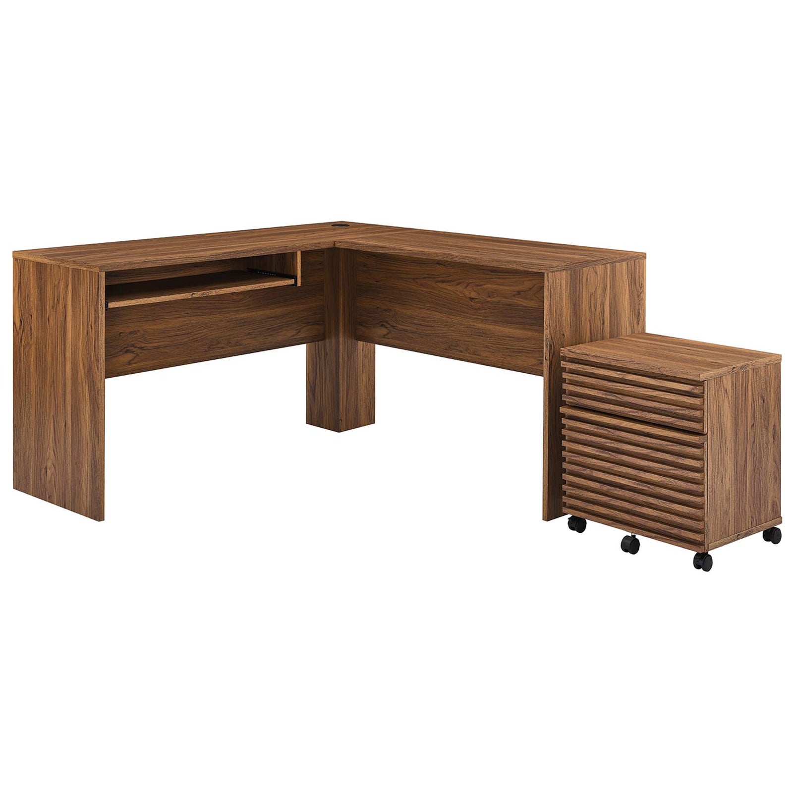 Mid-century walnut L-shaped desk paired with a ribbed-front mobile file cabinet for streamlined storage. || EEI-5821-WAL || front_angle_studio