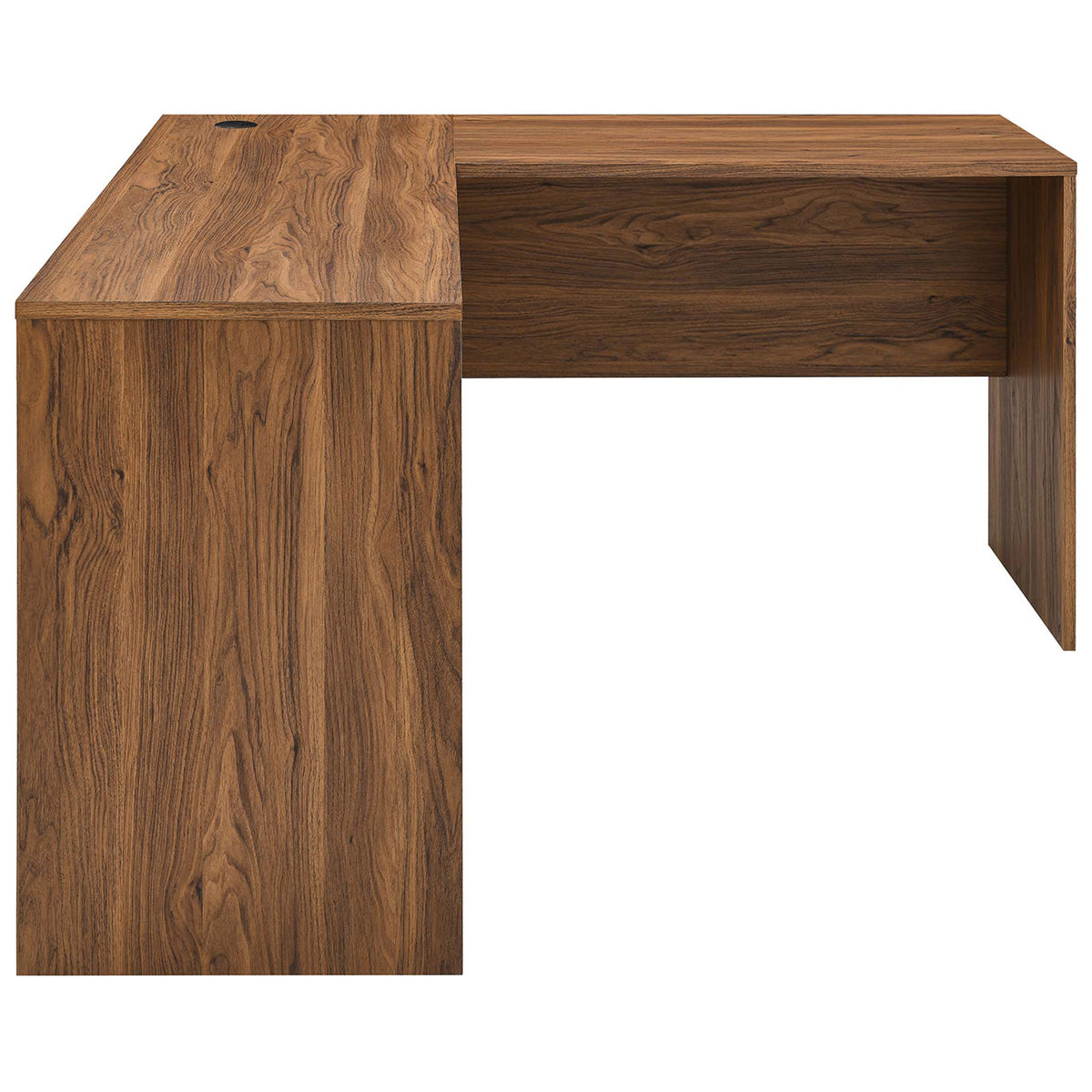 Walnut L-shaped desk with clean lines, generous surface, and integrated pull-out keyboard tray. || EEI-5821-WAL || side_partial_studio