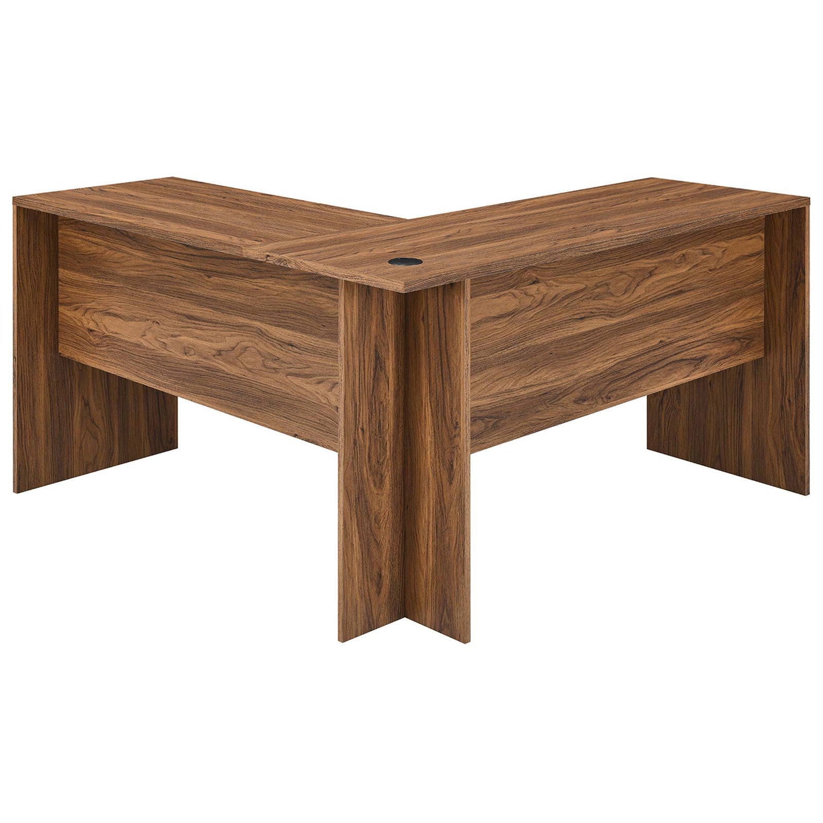 Walnut desk back panels and sturdy panel legs create a minimalist, durable L-shaped workstation. || EEI-5821-WAL || back_angle_partial_studio