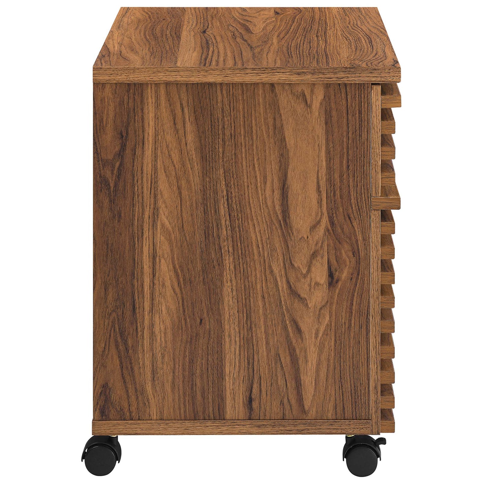 Compact rolling file cabinet with smooth sides and low-profile casters for easy mobility. || EEI-5821-WAL || side_partial_studio